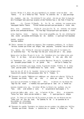 11
Geennan) 30 Kai eiv h` dexia sou ceir skandalizei se( ekkoyon authn kai bale apo
6
Geena. E se a
3
direita
1
tua
2
mão
5
faz-cair
4
te, corta-fora ela e joga para-longe
sou( sumferei gar soi i``na apolhtai e]n twn melwn sou kai mh o`lon to swma sou
de-ti,
2
é-vantagem
1
pois para-ti que se-perca um dos
2
membros
1
teus e não ²todo ³o
5
corpo
4
teu
blhqh eivj Geennan) 31 Erreqh de o`ti o]j an apolush thn gunaika autou(
¹seja-jogado
7
adentro
6
Geena.
2
Foi-dito
1
também que quem quer que-repudie a mulher dele,
dotw auth apostasion) 32 Egw de legw u`min o`ti o]j an apolush thn gunaika
que-dê a-ela certificado-de-divórcio.
2
Eu
1
mas
4
digo
3
vos que quem quer que-repudie a mulher
autou( parektoj logou porneiaj( poiei authn moicasqai( kai o]j ean apolelumenhn
dele, exceto por-questão de-fornicação, faz ela adulterar, e quem quer
2
com-repudiada
gamhsh moicatai)
1
que-case adultera.
33333333 ~~Palin hkousate o`ti erreqh toij arcaioij( ~Ouk epiorkhseij( apodwseij de tw Kuriw
“De-novo, ouvistes que foi-dito aos antigos, ‘Não perjurarás,
2
cumprirás
1
mas ao Senhor
touj o`rkouj sou)V 34 Egw de legw u`min mh omosai o`lwj( mhte evn tw ouranw( o`ti
os
2
juramentos
1
teus.’
2
Eu
1
mas
4
digo,
3
vos não jurar nunca; nem por o céu, porque
qronoj estin tou Qeou( 35 mhte evn th gh( o`ti u`popodion estin twn podwn autou( mhte
2
trono
1
é do Deus, nem por a terra, porque
2
estrado
1
é dos pés dEle, nem
eivj `Ierosoluma( o`ti polij estin tou megalou Basilewj 36 mhte evn th kefalh sou
por Jerusalém, porque
2
cidade
1
é do grande Rei; nem
2
por
3
a
5
cabeça,
4
tua
omoshj( o`ti ouv dunasai mian trica leukhn h; melainan poihsai) 37 Estw de o` logoj
1
jures pois não podes
2
um
3
cabelo
4
branco
5
ou
6
preto
1
tornar.
2
Seja
1
mas a
2
palavra
u`mwn nai nai( ou; ou;( to de perisson toutwn ek tou ponhrou estin)
1
vossa sim sim, não não,
2
o
1
pois que-passar disto
2
de
3
o
4
maligno
1
é.
38383838 ~~Hkousate o`ti erreqh( `Ofqalmon anti ofqalmou kai odonta anti odontoj)V 39 Egw de
“Ouvistes que foi-dito, ‘Olho por olho e dente por dente.’
2
Eu
1
mas
legw u`min mh antisthnai tw ponhrw( allV o`stij se r`apisei epi thn dexian sou
4
digo
3
vos não resistir o malfeitor, mas quem-quer-que te bata em a
3
direita
1
tua
siagona( streyon autw kai thn allhn) 40 Kai tw qelonti soi kriqhnai kai ton
2
face, volta a-ele também a outra. E ao querendo te fazer-julgado e
2
a
citwna sou labein( afej autw kai to i``mation) 41 Kai o`stij se aggareusei
4
túnica,
3
tua
1
levar deixa com-ele também a capa. E quem-quer-que te obrigue
milion e[n( u`page metV autou duo) 42 Tw aitounti se didou( kai ton qelonta apo sou
2
milha,
1
uma vai com ele duas.
2
Ao
4
pedindo,
3
te
1
dá e ao querendo de te
daneisasqai mh apostrafhj)
emprestar não vire-as-costas.
43434343 ~~Hkousate o`ti erreqh( ~Agaphseij ton plhsion sou kai mishseij ton ecqron sou)V 44 Egw
“Ouvistes que foi-dito, ‘Amarás o ²próximo ¹teu e odiarás o
2
inimigo
1
teu.’
2
Eu
 