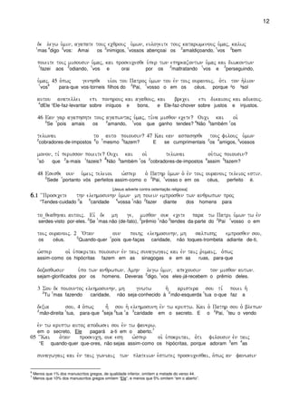 12
de legw u`min( agapate touj ecqrouj u`mwn( eulogeite touj katarwmenouj u`maj( kalwj
1
mas
4
digo
3
vos: Amai os
2
inimigos,
1
vossos abençoai os
2
amaldiçoando,
1
vos
2
bem
poieite toij misousin u`maj( kai proseucesqe u`per twn ephreazontwn u`maj kai diwkontwn
1
fazei aos
2
odiando,
1
vos e orai por os
2
maltratando
1
vos e
2
perseguindo,
u`maj( 45 o`pwj genhsqe ui`oi tou Patroj u`mwn tou evn toij ouranoij( o`ti ton h`lion
1
vos
6
para-que vos-torneis filhos do
2
Pai,
1
vosso o em os céus, porque ²o ³sol
autou anatellei epi ponhrouj kai agaqouj( kai brecei epi dikaiouj kai adikouj)
4
dEle ¹Ele-faz-levantar sobre iníquos e bons, e Ele-faz-chover sobre justos e injustos.
46 Ean gar agaphshte touj agapwntaj u`maj( ti,na misqon ecete? Ouci kai oi`
2
Se
1
pois amais os
2
amando,
1
vos que ganho tendes?
4
Não
3
também
1
os
telwnai to auto poiousin? 47 Kai ean aspashsqe touj filouj u`mwn
2
cobradores-de-impostos
6
o
7
mesmo
5
fazem? E se cumprimentais
2
os
4
amigos,
3
vossos
monon( ti, perisson poieite? Ouci kai oi` telwnai ou`twj poiousin?
1
só que
2
a-mais
1
fazeis?
4
Não
3
também
1
os
2
cobradores-de-impostos
6
assim
5
fazem?
48 Esesqe oun u`meij teleioi w`sper o` Pathr u`mwn o` evn toij ouranoij teleioj estin)
2
Sede
1
portanto vós perfeitos assim-como o
2
Pai,
1
vosso o em os céus, perfeito é.
[Jesus adverte contra ostentação religiosa]
6666)1)1)1)1 ~~Prosecete thn elehmosunhn u`mwn mh poiein emprosqen twn anqrwpwn proj
“Tendes-cuidado
3
a
5
caridade
4
vossa
1
não
2
fazer diante dos homens para
to_qeaqhnai autoij) Eiv de mh ge( misqon ouk ecete para tw Patri u`mwn tw evn
serdes-visto por-eles.
2
Se
1
mas não (de-fato),
3
prêmio
1
não
2
tendes da-parte do
2
Pai
1
vosso o em
toij ouranoij) 2 ~Otan oun poihj elehmosunhn( mh salpishj emprosqen sou(
os céus.
2
Quando-quer
1
pois que-faças caridade, não toques-trombeta adiante de-ti,
w`sper oi` u`pokritai poiousin evn taij sunagwgaij kai evn taij r`umaij( o`pwj
assim-como os hipócritas fazem em as sinagogas e em as ruas, para-que
doxasqwsin u`po twn anqrwpwn) Amhn legw u`min( apecousin ton misqon autwn)
sejam-glorificados por os homens. Deveras
2
digo,
1
vos eles-já-recebem o prêmio deles.
3 Sou de poiountoj elehmosunhn( mh gnwtw h` aristera sou ti, poiei h`
2
Tu
1
mas fazendo caridade, não seja-conhecido à
2
mão-esquerda
1
tua o-que faz a
dexia sou( 4 o`pwj h= sou h` elehmosunh evn tw kruptw) Kai o` Pathr sou o` blepwn
2
mão-direita
1
tua, para-que
4
seja
2
tua
1
a
3
caridade em o secreto. E o
2
Pai,
1
teu o vendo
evn tw kruptw autoj apodwsei soi evn tw fanerw)
em o secreto, Ele pagará a-ti em o aberto.
7
05 ~~Kai o`tan proseuch( ouk esh w`sper oi` u`pokritai( o`ti filousin evn taij
“E quando-quer que-ores, não sejas assim-como os hipócritas, porque adoram
3
em
4
as
sunagwgaij kai evn taij gwniaij twn ê plateiwn e`stwtej proseucesqai( o`pwj an fanwsin
6
Menos que 1% dos manuscritos gregos, de qualidade inferior, omitem a metade do verso 44.
7
Menos que 10% dos manuscritos gregos omitem “Ele”, e menos que 5% omitem “em o aberto”.
 