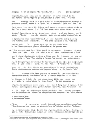 13
5
sinagogas
6
e
7
em
8
as
9
esquinas
10
das ç11
avenidas,
2
em-pé
1
orar para que apareçam
toij anqrwpoij) Amhn legw u`min o`ti apecousin ton misqon autwn) 6 Su de(
aos homens. Deveras
2
digo
1
vos que eles-já-recebem o prêmio deles.
2
Tu,
1
mas
o`tan proseuch( eiselqe eivj to tamieion sou( kai kleisaj thn quran sou( proseuxai tw
quando-quer que-ores, adentra a o
2
quarto,
1
teu e fechando a
2
porta,
1
tua ora ao
Patri sou tw evn tw kruptw) Kai o` Pathr sou o` blepwn evn tw kruptw apodwsei soi evn tw
2
Pai,
1
teu o em o secreto. E o
2
Pai,
1
teu o vendo em o secreto, pagará a-ti em o
fanerw) 7 Proseucomenoi de mh battologhshte w`sper oi` eqnikoi( dokousin gar o`ti
aberto.
8 2
Orando,
1
mas não balbucieis assim-como os pagãos,
2
imaginam
1
pois que
evn th polulogia autwn eisakousqhsontai) 8 Mh oun o`moiwqhte autoij( oiden gar
por o muito-falar deles serão-ouvidos.
2
Não
1
então sejais-iguais a-eles,
5
sabe
1
pois
o` Pathr u`mwn w-n creian ecete pro tou u`maj aithsai auton)
2
o
4
Pai
3
vosso quais-coisas
2
precisão
1
tendes antes de vós pedirdes a-Ele.
09090909 ~~Oùu`twj oun proseucesqe u`meij ~Pater h`mwn o` evn toij ouranoij( a`giasqhtw to onoma
“Assim pois oreis vós: ‘Pai nosso, o em os céus, reverenciado-seja o
2
nome
sou( 10 elqetw h` basileia sou( genhqhtw to qelhma sou( w`j evn ouranw kai epi thj
1
Teu; venha o
2
reino
1
Teu; seja-feita a
2
vontade,
1
Tua como em céu também sobre a
ghj) 11 Ton arton h`mwn ton epiousion doj h`min shmeron) 12 Kai afej h`min ta ofeilhmata
terra. O pão nosso, o diário,
2
dá
1
nos hoje. E
2
perdoa
1
nos as
2
dívidas,
h`mwn( w`j kai h`meij afiemen toij ofeiletaij h`mwn) 13 Kai mh eisenegkhj h`maj
1
nossas como também nós perdoamos aos
2
devedores
1
nossos. E não
2
conduza
1
nos
eivj peirasmon( alla r`usai h`maj apo tou ponhrou o`ti sou estin h` basileia
para-dentro-de tentação, mas
2
resgata
1
nos de o maligno; porque Teu é o reino
kai h` dunamij kai h` doxa eivj touj aiwnaj) Amhn) v 14 Ean gar afhte toij
e o poder e a glória
3
adentro
1
as
2
eras. Amém.’
9 2
Se
1
pois perdoardes aos
anqrwpoij ta paraptwmata autwn( afhsei kai u`min o` Pathr u`mwn o` ouranioj) 15 Ean
homens as transgressões deles,
8
perdoará
6
também
7
vos
1
o
3
Pai,
2
vosso
4
o
5
celestial.
2
Se
de mh afhte toij anqrwpoij ta paraptwmata autwn( oude o` Pathr u`mwn afhsei
1
mas não perdoardes aos homens as transgressões deles, tampouco o
2
Pai
1
vosso perdoará
ta paraptwmata u`mwn)
as
2
transgressões
1
vossas.
16161616 ~~~Otan de nhsteuhte( mh ginesqe w`sper oi` u`pokritai skuqrwpoi( afanizousin
“
2
Quando-quer-que
1
mas jejueis, não vos-torneis
2
como
3
os
4
hipócritas,
1
sombrios
6
desfiguram
gar ta proswpa autwn o`pwj fanwsin toij anqrwpoij nhsteuontej) Amhn legw u`min o`ti
5
pois os rostos deles para-que pareçam aos homens estar-jejuando. Deveras
2
digo
1
vos que
8
Uns 2% dos manuscritos gregos, de qualidade inferior, omitem “em o aberto”.
9
Talvez 1% dos manuscritos gregos, de qualidade inferior, omitem “porque Teu é o reino e o poder e a glória as eras adentro. Amém”.
 