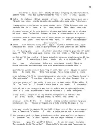 22
Eleusontai de h`merai o`tan aparqh apV autwn o` numfioj( kai tote nhsteusousin)
podem?
2
Virão
1
mas dias quando
3
é-retirado
4
de
5
eles,
1
o
2
noivo e então jejuarão.
16161616 Oudeij de epiballei epiblhma r`akouj agnafou epi i`matiw palaiw( airei gar to
2
Ninguém
1
mas coloca emenda de-retalho não-encolhido sobre roupa velha,
2
retira
1
pois a
plhrwma autou apo tou i`matiou( kai ceiron scisma ginetai) 17 Oude ballousin oinon neon
plenitude dele de a roupa, e pior rasgo se-torna. Nem põem vinho novo
eivj askouj palaiouj eiv de mhge( r`hgnuntai oi` askoi( kai o` oinoj ekceitai kai oi` askoi
em odres velhos;
2
se
1
pois não, rompem os odres, e o vinho derrama e os odres
apolountai) Alla ballousin oinon neon eivj askouj kainouj( kai amfoteroi sunthrountai)VV
perecem. Mas põem vinho novo em odres novos, e ambos são-preservados.”
[Jesus levanta morto]
18181818 Tauta autou lalountoj autoij( idou( arcwn ei-j elqwn prosekunei autw( legwn
Estas-coisas Ele falando a-eles, eis-que
2
governante
1
um vindo prostrou-se a-Ele dizendo
o`ti ~~~H qugathr mou arti eteleuthsen( alla elqwn epiqej thn ceira sou epV authn
(que), “A
2
filha
1
minha
4
ainda-agora,
3
morreu mas indo impõe a ²mão ¹tua sobre ela
kai zhsetai)VV 19 Kai egerqeij o` Ihsouj hkolouqhsen autw( kai oi` maqhtai autou) 20 Kai
e viverá.” E levantando-se o Jesus seguiu ele, e os discípulos dEle. E
idou( gunh ai`morroousa dwdeka eth proselqousa opisqen h`yato tou
eis-que uma-mulher, tendo-hemorragia doze anos, aproximando-se por-detrás, tocou a
kraspedou tou i`matiou autou) 21 Elegen gar evn_e`auth( ~~Ean monon a`ywmai tou i`matiou
borda do manto dEle.
2
Dizia
1
pois consigo, “Se ao-menos eu-tocar o manto
autou swqhsomai)VV 22 ~O de Ihsouj epistrafeij kai idwn authn eipen( ~~Qarsei( qugater h`
dEle, serei-sarada.”
2
O
1
mas Jesus voltando-se e vendo ela disse, “Coragem, filha; a
pistij sou seswken se)VV Kai eswqh h` gunh apo thj w`raj ekeinhj) 23 Kai elqwn o`
2
fé
1
tua
4
curou
3
te.” E ³ficou-sã ¹a ²mulher desde a hora aquela. E chegando o
Ihsouj eivj thn oikian tou arcontoj kai idwn touj aulhtaj kai ton oclon qoruboumenon(
Jesus a a casa do governante e vendo os flautistas e a turba alvoroçando,
24 legei autoij( ~~Anacwreite( ouv gar apeqanen to korasion alla kaqeudei)VV Kai
diz a-eles, “Saiam,
4
não
1
pois
5
morreu,
2
a
3
menina
6
mas
7
dorme.” E
kategelwn autou) 25 `Ote de exeblhqh o` ocloj( eiselqwn ekrathsen thj ceiroj
ridicularizavam Ele.
2
Quando
1
aí
5
foi-posta-fora,
3
a
4
turba entrando Ele-pegou a mão
authj( kai hgerqh to korasion) 26 Kai exhlqen h` fhmh au`th eivj o`lhn thn ghn ekeinhn)
dela, e
3
levantou-se
1
a
2
menina. E saiu a notícia essa por toda a terra aquela.
27272727 Kai paragonti ekeiqen tw Ihsou( hkolouqhsan autw duo tufloi( krazontej kai legontej(
E
3
passando
4
dali,
1
o
2
Jesus seguiram Ele dois cegos clamando e dizendo,
~~Elehson h`maj( Ui`e Dauid!VV 28 Elqonti de eivj thn oikian( proshlqon
“Tem-compaixão de-nós, Filho de-Davi!”
2
Chegando-Ele
1
aí dentro da casa,
3
aproximaram-se
 