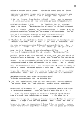 25
as cobras e inocentes como as pombas. ²Acautelai-vos ¹contudo, quanto aos homens,
paradwsousin gar u`maj eivj sunedria( kai evn taij sunagwgaij autwn mastigwsousin u`maj)
3
entregarão
1
pois
2
vos a tribunais, e em as sinagogas deles
2
açoitarão
1
vos.
18 Kai epi h`gemonaj de kai basileij acqhsesqe e`neken emou eivj marturion
E perante governadores e até reis sereis-levados por-²causa, ¹minha para testemunho
autoij kai toij eqnesin) 19 ~Otan de paradidwsin u`maj( mh merimnhshte
a-eles e às nações.
2
Quando-quer-que
1
mas
4
entregarem,
3
vos não fiqueis-preocupados
pwj h; ti, lalhshte( doqhsetai gar u`min evn ekeinh th w`ra ti, lalhsete) 20 Ou gar
como ou que podereis-falar,
3
será-dado
1
pois
2
vos em aquela a hora o-que falareis.
2
Não
1
pois
u`meij este oi` lalountej alla to Pneuma tou Patroj u`mwn to laloun evn u`min)
4
vós
3
sois os falandos mas o Espírito do
2
Pai
1
vosso o falando em vós.
21212121 ~~Paradwsei de adelfoj adelfon eivj qanaton kai pathr teknon( kai epanasthsontai tekna
“
3
Entregará
1
é-que
2
irmão irmão a morte e pai a-filho, e se-levantarão filhos
epi goneij kai qanatwsousin autouj) 22 Kai esesqe misoumenoi u`po pantwn dia to
contra pais e matarão eles. E sereis odiados por todos por-causa-de o
onoma mou) ~O de u`pomeinaj eivj teloj( ou-toj swqhsetai) 23 ~Otan de
²nome ¹meu.
2
O
1
mas perseverando até fim, ele será-salvo.
2
Quando-quer-que
1
mas
diwkwsin u`maj evn th polei tauth( feugete eivj thn allhn) Amhn gar legw u`min( ou mh
4
perseguirem
3
vos em a cidade esta, fugi para a outra.
2
Deveras
1
pois
4
digo
3
vos, não não
teleshte taj poleij tou Israhl e`wj an elqh o` Ui`oj tou Anqrwpou) 24 Ouk estin maqhthj
completareis as cidades de Israel até que venha o Filho do Homem. Não é discípulo
u`per ton didaskalon oude douloj u`per ton kurion autou) 25 Arketon tw maqhth i`na
acima-de o mestre, nem escravo acima-de o senhor dele. Basta ao discípulo que
genhtai w`j o` didaskaloj autou( kai o` douloj w`j o` kurioj autou) Eiv ton oikodespothn
se-torne como o mestre dele, e o escravo como o senhor dele. Se
2
o
3
dono-de-casa
Beelzeboul epekalesan( posw mallon touj oikeiakouj autou!
4
de-Belzebu,
1
chamaram quanto mais os domésticos dele!
26262626 ~~Mh oun fobhqhte autouj) Ouden gar estin kekalummenon o[ ouk apokalufqhsetai(
“
2
Não
1
portanto, temais eles.
2
Nada
1
porque está encoberto que não será-revelado
kai krupton o[ ouv gnwsqhsetai) 27 }O legw u`min evn th skotia( eipate evn tw fwti kai
e secreto que não será-sabido. O-que
2
digo
1
vos em o escuro, dizei em a luz; e
o] eivj to ouj akouete( khruxate epi twn dwmatwn) 28 Kai mh fobeisqe apo twn
o-que ²a ³o
4
ouvido, ¹ouvis proclamai sobre os telhados. E não temais por os
apoktenontwn to swma( thn de yuchn mh dunamenwn apokteinai) Fobhqhte de mallon ton
matando o corpo
5
a
1
mas
6
alma ²não ³podendo
4
matar.
2
Temei
1
mas antes o
dunamenon kai yuchn kai swma apolesai evn Geennh) 29 Ouci duo strouqia assariou
podendo ²tanto ³alma
4
como
5
corpo ¹destruir em Geena.
3
Não
1
dois
2
pardais
5
por-uma-moeda
 