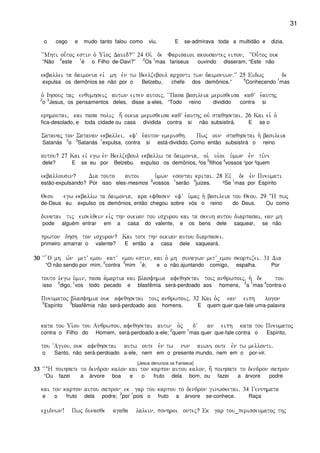 31
o cego e mudo tanto falou como viu. E se-admirava toda a multidão e dizia,
~~Mhti ou-toj estin o` Ui`oj Dauid??VV 24 Oi` de Farisaioi akousantej eipon( ~~Ou-toj ouk
“Não
2
este
1
é o Filho de-Davi?”
2
Os
1
mas fariseus ouvindo disseram, “Este não
ekballei ta daimonia eiv mh evn tw Beelzeboul arconti twn daimoniwn)VV 25 Eidwj de
expulsa os demônios se não por o Belzebu, chefe dos demônios.”
4
Conhecendo
1
mas
o` Ihsouj taj enqumhseij autwn eipen autoij( ~~Pasa basileia merisqeisa kaqV e`authj
2
o
3
Jesus, os pensamentos deles, disse a-eles, “Todo reino dividido contra si
erhmoutai( kai pasa polij h; oikia merisqeisa kaqV e`authj ouv staqhsetai) 26 Kai eiv o`
fica-desolado, e toda cidade ou casa dividida contra si não subsistirá. E se o
Satanaj ton Satanan ekballei( efV e`auton emerisqh) Pwj oun staqhsetai h` basileia
Satanás
2
o
3
Satanás
1
expulsa, contra si está-dividido. Como então subsistirá o reino
autou? 27 Kai eiv egw evn Beelzeboul ekballw ta daimonia( oi` ui`oi u`mwn evn ti,ni
dele? E se eu por Belzebu expulso os demônios, ³os
5
filhos
4
vossos ¹por ²quem
ekballousin? Dia touto autoi u`mwn esontai kritai) 28 Eiv de evn Pneumati
estão-expulsando? Por isso eles-mesmos
2
vossos
1
serão
3
juizes. ²Se
1
mas por Espírito
Qeou egw ekballw ta daimonia( ara efqasen efV u`maj h` basileia tou Qeou) 29 :H pwj
de-Deus eu expulso os demônios, então chegou sobre vós o reino do Deus. Ou como
dunatai tij eiselqein eivj thn oikian tou iscurou kai ta skeuh autou diarpasai( ean mh
pode alguém entrar em a casa do valente, e os bens dele saquear, se não
prwton dhsh ton iscuron? Kai tote thn oikian autou diarpasei)
primeiro amarrar o valente? E então a casa dele saqueará.
30303030 ~~ `O mh wvn metV emou katV emou estin( kai o` mh sunagwn metV_emou skorpizei) 31 Dia
“O não sendo por mim,
2
contra
3
mim
1
é; e o não ajuntando comigo, espalha. Por
touto legw u`min( pasa a`martia kai blasfhmia afeqhsetai toij anqrwpoij( h` de tou
isso
2
digo,
1
vos todo pecado e blasfêmia será-perdoado aos homens,
2
a
1
mas
4
contra-o
Pneumatoj blasfhmia ouk afeqhsetai toij anqrwpoij) 32 Kai o`j ean eiph logon
5
Espírito
3
blasfêmia não será-perdoado aos homens. E quem quer que-fale uma-palavra
kata tou Ui`ou tou Anqrwpou( afeqhsetai autw o`j dV an eiph kata tou Pneumatoj
contra o Filho do Homem, será-perdoado a-ele;
2
quem
1
mas quer que-fale contra o Espírito,
tou ~Agiou( ouk afeqhsetai autw oute evn tw nun aiwni oute evn tw mellonti)
o Santo, não será-perdoado a-ele, nem em o presente mundo, nem em o por-vir.
[Jesus denuncia os Fariseus]
33333333 ~~:H poihsate to dendron kalon kai ton karpon autou kalon( h; poihsate to dendron sapron
“Ou fazei a árvore boa e o fruto dela bom, ou fazei a árvore podre
kai ton karpon autou sapron ek gar tou karpou to dendron ginwsketai) 34 Gennhmata
e o fruto dela podre;
2
por
1
pois o fruto a árvore se-conhece. Raça
ecidnwn! Pwj dunasqe agaqa lalein( ponhroi ontej? Ek gar tou_perisseumatoj thj
 