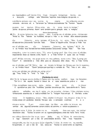 33
kai paralambanei meqV_e`autou e`pta e`tera pneumata ponhrotera e`autou( kai
e leva-junto consigo sete
2
diferentes,
1
espíritos mais-malignos do-que-ele, e
eiselqonta katoikei ekei kai ginetai ta escata tou anqrwpou ekeinou
entrando ele-mora ali; e
6
se-tornam
1
as
2
últimas-circunstâncias
3
do
4
homem
5
aquele
ceirona twn prwtwn) Ou`twj estai kai th genea tauth th ponhra)VV
piores do-que-as primeiras. Assim será também para-a geração esta, a maligna.”
[Novos relacionamentos]
46464646 Eti de autou lalountoj toij ocloij( idou( h` mhthr kai oi` adelfoi autou ei`sthkeisan
3
Ainda
1
aí,
2
Ele
4
falando às multidões, eis-que a mãe e os irmãos dEle estavam-parados
exw zhtountej autw lalhsai) 47 Eipen de tij autw( ~~Idou( h` mhthr sou
do-lado-de-fora procurando
2
com-Ele
1
falar.
3
Disse
1
aí
2
alguém a-Ele, “Eis-que a ²mãe ¹tua
kai oi` adelfoi sou exw e`sthkasin zhtountej soi lalhsai)VV 48 ~O de
e os ²irmãos ¹teus
4
do-lado-de-fora ³estão-parados
5
procurando
7
contigo
6
falar.”
2
Ele
1
mas
apokriqeij eipen tw eiponti autw( ~~Ti,j estin h` mhthr mou? Kai ti,nej eisin oi` adelfoi
respondendo disse ao falando a-Ele, “Quem é a
2
mãe
1
minha? E quais são os
2
irmãos
mou?VV 49 Kai ekteinaj thn ceira autou epi touj maqhtaj autou eipen( ~~Idou( h` mhthr mou
1
meus?” E estendendo a mão dEle para os discípulos dEle disse, “Eis a
2
mãe
1
minha
kai oi` adelfoi mou! 50 `Ostij gar an poihsh to qelhma tou Patroj mou tou evn ouranoij(
e os ²irmãos ¹meus!
2
Quem
1
porque quer que-faça a vontade do
2
Pai,
1
meu o em céus,
autoj mou adelfoj kai adelfh kai mhthr estin)VV
ele
2
meu
3
irmão
4
e
5
irmã
6
e
7
mãe
1
é.”
[Parábolas do reino]
13)113)113)113)1 VEn de th h`mera ekeinh exelqwn o` Ihsouj apo thj oikiaj ekaqhto para thn qalassan)
2
Em
1
aí o dia aquele, ³saindo ¹o ²Jesus de a casa, assentou-se junto-a o mar.
2 Kai sunhcqhsan proj auton ocloi polloi( w`ste auton eivj to ploion
E ajuntaram-se para Ele
2
multidões,
1
grandes de-sorte-que Ele, ²para-dentro-de ³o
4
barco
embanta kaqhsqai( kai paj o` ocloj epi ton aigialon ei`sthkei) 3 Kai elalhsen autoij
¹embarcando assentou-se, e toda a multidão
2
em
3
a
4
margem
1
ficou-em-pé. E Ele-falou a-eles
polla evn parabolaij( legwn( ~~Idou( exhlqen o` speirwn tou_speirein) 4 Kai evn tw
muitas-coisas em parábolas dizendo: “Eis-que saiu o semeador a-semear. E a o
speirein auton( a]_men epesen para thn o`don kai hlqen ta peteina kai
semear ele, algumas-sementes caíram à-beira do caminho; e vieram os pássaros e
katefagen auta) 5 Alla de epesen epi ta petrwdh( o`pou ouk eicen ghn pollhn
devoraram elas.
2
Outras
1
aí caíram em os lugares-pedregosos, onde não havia
2
terra
1
muita;
kai euqewj exaneteilen dia to mh ecein baqoj ghj) 6 `Hliou de anateilantoj(
e logo nasceram por o não ter profundidade de-terra. ³Sol,
1
mas ²nascendo
ekaumatisqh( kai dia to mh ecein r`izan exhranqh) 7 Alla de epesen epi taj akanqaj(
foi-queimado, e por o não ter raiz, secou-se.
2
Outras
1
aí caíram entre os espinhos,
 