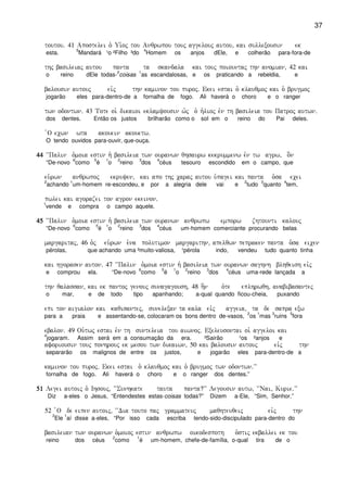 37
toutou) 41 Apostelei o` Ui`oj tou Anqrwpou touj aggelouj autou( kai sullexousin ek
esta.
5
Mandará ¹o ²Filho ³do
4
Homem os anjos dEle, e colherão para-fora-de
thj basileiaj autou panta ta skandala kai touj poiountaj thn anomian( 42 kai
o reino dEle todas-
2
coisas
1
as escandalosas, e os praticando a rebeldia, e
balousin autouj eivj thn kaminon tou puroj) Ekei estai o` klauqmoj kai o` brugmoj
jogarão eles para-dentro-de a fornalha de fogo. Ali haverá o choro e o ranger
twn odontwn) 43 Tote oi` dikaioi eklamyousin w`j o` h`lioj evn th basileia tou Patroj autwn)
dos dentes. Então os justos brilharão como o sol em o reino do Pai deles.
`O ecwn wta akouein akouetw)
O tendo ouvidos para-ouvir, que-ouça.
44444444 ~~Palin o`moia estin h` basileia twn ouranwn qhsaurw kekrummenw evn tw agrw( o]n
“De-novo
6
como
5
é
1
o
2
reino
3
dos
4
céus tesouro escondido em o campo, que
eu`rwn anqrwpoj ekruyen( kai apo thj caraj autou u`pagei kai panta o`sa ecei
2
achando
1
um-homem re-escondeu, e por a alegria dele vai e
2
tudo
3
quanto
4
tem,
pwlei kai agorazei ton agron ekeinon)
1
vende e compra o campo aquele.
45454545 ~~Palin o`moia estin h` basileia twn ouranwn anqrwpw emporw zhtounti kalouj
“De-novo
6
como
5
é
1
o
2
reino
3
dos
4
céus um-homem comerciante procurando belas
margaritaj( 46 o`j eu`rwn e`na polutimon margarithn( apelqwn pepraken panta o`sa eicen
pérolas, que achando uma ²muito-valiosa, ¹pérola indo, vendeu tudo quanto tinha
kai hgorasen auton) 47 ~~Palin o`moia estin h` basileia twn ouranwn saghnh blhqeish eivj
e comprou ela. “De-novo
6
como
5
é
1
o
2
reino
3
dos
4
céus uma-rede lançada a
thn qalassan( kai ek pantoj genouj sunagagoush( 48 h]n o`te eplhrwqh( anabibasantej
o mar, e de todo tipo apanhando; a-qual quando ficou-cheia, puxando
epi ton aigialon kai kaqisantej( sunelexan ta kala eivj aggeia( ta de sapra exw
para a praia e assentando-se, colocaram os bons dentro de-vasos,
2
os
1
mas
3
ruins
5
fora
ebalon) 49 Ou`twj estai evn th sunteleia tou aiwnoj) Exeleusontai oi` aggeloi kai
4
jogaram. Assim será em a consumação da era. ³Sairão ¹os ²anjos e
aforiousin touj ponhrouj ek mesou twn dikaiwn( 50 kai balousin autouj eivj thn
separarão os malignos de entre os justos, e jogarão eles para-dentro-de a
kaminon tou puroj) Ekei estai o` klauqmoj kai o` brugmoj twn odontwn)VV
fornalha de fogo. Ali haverá o choro e o ranger dos dentes.”
51515151 Legei autoij o` Ihsouj( ~~Sunhkate tauta panta?VV Legousin autw( ~~Nai( Kurie)VV
Diz a-eles o Jesus, “Entendestes estas-coisas todas?” Dizem a-Ele, “Sim, Senhor.”
52 `O de eipen autoij( ~~Dia touto paj grammateuj maqhteuqeij eivj thn
2
Ele
1
aí disse a-eles, “Por isso cada escriba tendo-sido-discipulado para-dentro do
basileian twn ouranwn o`moioj estin anqrwpw oikodespoth o`stij ekballei ek tou
reino dos céus
2
como
1
é um-homem, chefe-de-família, o-qual tira de o
 