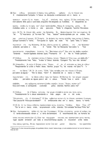 40
22222222 Kai euqewj hnagkasen o` Ihsouj touj maqhtaj embhnai eivj to ploion kai
E imediatamente
3
compeliu
1
o
2
Jesus os discípulos a-embarcarem em o barco e
proagein auton eivj to peran( e`wj_ou- apolush touj oclouj) 23 Kai apolusaj touj
irem-adiante dEle para o outro-lado, enquanto Ele-despedia as multidões. E despedindo as
oclouj anebh eivj to oroj katV idian proseuxasqai) Oyiaj de genomenhj( monoj h=n
multidões subiu a o monte a sós para-orar.
2
Noite
1
e chegando,
3
sozinho
1
Ele-estava
ekei) 24 To de ploion hdh meson thj qalasshj h=n( basanizomenon u`po twn kumatwn( h=n
2
ali.
2
O
1
mas barco já
2
no-meio
3
do
4
mar,
1
estava
12
sendo-açoitado por as ondas,
4
era
gar enantioj o` anemoj) 25 Tetarth de fulakh thj nuktoj aphlqen proj autouj o` Ihsouj(
1
porque
5
contrário
2
o
3
vento.
2
Em-quarta
1
aí vigília da noite
3
foi
4
para
5
eles,
1
o
2
Jesus
peripatwn epi thj qalasshj) 26 Kai idontej auton oi` maqhtai epi thn qalassan
andando por-sobre o mar. E
3
vendo
4
Ele
1
os
2
discípulos
6
por-sobre
7
o
8
mar
peripatounta etaracqhsan( legontej o`ti ~~Fantasma estin!VV Kai apo tou fobou ekraxan)
5
andando ficaram-agitados dizendo (que), “
2
Fantasma
1
é!” E ²de ³o
4
medo ¹gritaram.
27 Euqewj de elalhsen autoij o` Ihsouj( legwn( ~~Qarseite! Egw eimi( mh fobeisqe)VV
2
Imediatamente
1
mas
5
falou
6
a-eles ³o
4
Jesus dizendo, “Coragem!
2
Eu,
1
sou não temais!”
28 Apokriqeij de autw o` Petroj eipen( ~~Kurie( eiv su ei=( keleuson me proj se elqein
2
Respondendo
1
aí a-Ele o Pedro disse, “Senhor, já-que
2
Tu,
1
és manda me
2
para
3
Ti
1
ir
epi ta u`data)VV 29 `O de eipen( ~~Elqe)VV Kai katabaj apo tou ploiou o` Petroj
por-sobre as águas.”
2
Ele
1
aí disse, “Vem!” E descendo de o barco o Pedro
periepathsen epi ta u`data elqein proj ton Ihsoun) 30 Blepwn de ton anemon iscuron
andou por-sobre as águas para-ir até o Jesus.
2
Vendo
1
mas o vento forte
efobhqh( kai arxamenoj katapontizesqai ekraxen( legwn( ~~Kurie( swson me!VV
ficou-com-medo, e começando a-afundar gritou dizendo, “Senhor, salva me!”
31 Euqewj de o` I`hsouj ekteinaj thn ceira epelabeto autou kai legei autw(
2
Imediatamente
1
aí o Jesus estendendo a mão pegou ele e diz a-ele,
~~Oligopiste( eivj ti, edistasaj?VV 32 Kai embantwn autwn eivj to ploion( ekopasen o` anemoj)
“’Seu’-pouca-fé! Para que duvidaste?” E embarcando eles em o barco, ³parou ¹o ²vento.
33 Oi` de evn tw ploiw elqontej prosekunhsan autw( legontej( ~~Alhqwj Qeou Ui`oj ei=!VV
2
Os
1
aí em o barco vindo, se-prostraram a-Ele dizendo, “Em-verdade
3
de-Deus
2
Filho
1
és!”
34343434 Kai diaperasantej hlqon eivj thn ghn Gennhsaret) 35 Kai epignontej auton oi` andrej tou
E tendo-atravessado vieram a a terra de-Genesaré. E reconhecendo Ele, os homens do
topou ekeinou apesteilan eivj o`lhn thn pericwron ekeinhn( kai proshnegkan autw pantaj
lugar aquele enviaram por toda a circunvizinhança aquela, e trouxeram a-Ele todos
touj kakwj econtaj( 36 kai parekaloun auton i`na kan monon a`ywntai tou kraspedou
12
Menos que 1% dos manuscritos gregos, de qualidade inferior, trazem “estava longe, a muito estádios da terra” em vez de “estava no
meio do mar”.
 