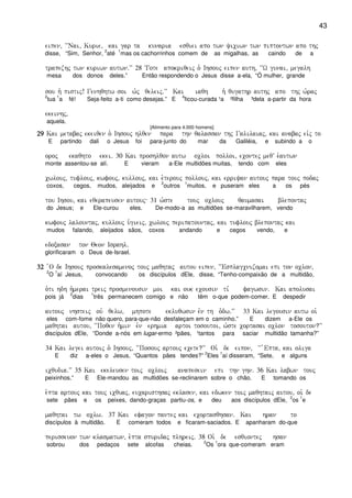 43
eipen( ~~Nai( Kurie( kai gar ta kunaria esqiei apo twn yiciwn twn piptontwn apo thj
disse, “Sim, Senhor,
2
até
1
mas os cachorrinhos comem de as migalhas, as caindo de a
trapezhj twn kuriwn autwn)VV 28 Tote apokriqeij o` Ihsouj eipen auth( ~~W gunai( megalh
mesa dos donos deles.” Então respondendo o Jesus disse a-ela, “Ó mulher, grande
sou h` pistij! Genhqhtw soi w`j qeleij)VV Kai iaqh h` qugathr authj apo thj w`raj
2
tua
1
a fé! Seja-feito a-ti como desejas.” E
4
ficou-curada ¹a ²filha ³dela a-partir da hora
ekeinhj(
aquela.
[Alimento para 4.000 homens]
29292929 Kai metabaj ekeiqen o` Ihsouj hlqen para thn qalassan thj Galilaiaj( kai anabaj eivj to
E partindo dali o Jesus foi para-junto do mar da Galiléia, e subindo a o
oroj ekaqhto ekei) 30 Kai proshlqon autw ocloi polloi( econtej meqV e`autwn
monte assentou-se alí. E vieram a-Ele multidões muitas, tendo com eles
cwlouj( tuflouj( kwfouj( kullouj( kai e`terouj pollouj( kai erriyan autouj para touj podaj
coxos, cegos, mudos, aleijados e
2
outros
1
muitos, e puseram eles a os pés
tou Ihsou( kai eqerapeusen autouj 31 w`ste touj oclouj qaumasai blepontaj
do Jesus; e Ele-curou eles. De-modo-a as multidões se-maravilharem, vendo
kwfouj lalountaj( kullouj u`gieij( cwlouj peripatountaj( kai tuflouj blepontaj kai
mudos falando, aleijados sãos, coxos andando e cegos vendo, e
edoxasan ton Qeon Israhl)
glorificaram o Deus de-Israel.
32323232 `O de Ihsouj proskalesamenoj touj maqhtaj autou eipen( ~~Esplagcnizomai epi ton oclon(
2
O
1
aí Jesus, convocando os discípulos dEle, disse, “Tenho-compaixão de a multidão,
o`ti hdh h`merai treij prosmenousin moi kai ouk ecousin ti, fagwsin) Kai apolusai
pois já
2
dias
1
três permanecem comigo e não têm o-que podem-comer. E despedir
autouj nhsteij ouv qelw( mhpote ekluqwsin evn th o`dw)VV 33 Kai legousin autw oi`
eles com-fome não quero, para-que-não desfaleçam em o caminho.” E dizem a-Ele os
maqhtai autou( ~~Poqen h`min evn erhmia artoi tosoutoi( w`ste cortasai oclon tosouton?VV
discípulos dEle, “Donde a-nós em lugar-ermo ²pães, ¹tantos para saciar multidão tamanha?”
34 Kai legei autoij o` Ihsouj( ~~Posouj artouj ecete?VV Oi` de eipon( ~~ `Epta( kai oliga
E diz a-eles o Jesus, “Quantos pães tendes?”
2
Eles
1
aí disseram, “Sete, e alguns
icqudia)VV 35 Kai ekeleusen toij ocloij anapesein epi thn ghn) 36 Kai labwn touj
peixinhos.” E Ele-mandou as multidões se-reclinarem sobre o chão. E tomando os
e`pta artouj kai touj icquaj( eucaristhsaj eklasen( kai edwken toij maqhtaij autou( oi` de
sete pães e os peixes, dando-graças partiu-os, e deu aos discípulos dEle,
2
os
1
e
maqhtai tw oclw) 37 Kai efagon pantej kai ecortasqhsan) Kai hran to
discípulos à multidão. E comeram todos e ficaram-saciados. E apanharam do-que
perisseuon twn klasmatwn( e`pta spuridaj plhreij) 38 Oi` de esqiontej hsan
sobrou dos pedaços sete alcofas cheias.
2
Os
1
ora que-comeram eram
 