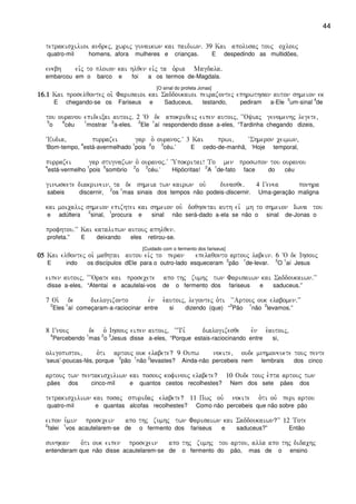 44
tetrakiscilioi andrej( cwrij gunaikwn kai paidiwn) 39 Kai apolusaj touj oclouj
quatro-mil homens, afora mulheres e crianças. E despedindo as multidões,
enebh eivj to ploion kai hlqen eivj ta o`ria Magdala)
embarcou em o barco e foi a os termos de-Magdala.
[O sinal do profeta Jonas]
16)116)116)116)1 Kai proselqontej oi` Farisaioi kai Saddoukaioi peirazontej ephrwthsan auton shmeion ek
E chegando-se os Fariseus e Saduceus, testando, pediram a-Ele
3
um-sinal
4
de
tou ouranou epideixai autoij) 2 ~O de apokriqeij eipen autoij( ~~Oyiaj genomenhj legete(
5
o
6
céu
1
mostrar
2
a-eles.
2
Ele
1
aí respondendo disse a-eles, “Tardinha chegando dizeis,
~Eudia( purrazei gar o` ouranoj)V 3 Kai prwi( ~Shmeron ceimwn(
‘Bom-tempo,
4
está-avermelhado
1
pois
2
o
3
céu.’ E cedo-de-manhã, ‘Hoje temporal,
purrazei gar stugnazwn o` ouranoj)V ~Upokritai! To men proswpon tou ouranou
4
está-vermelho
1
pois
5
sombrio
2
o
3
céu.’ Hipócritas!
2
A
1
de-fato face do céu
ginwskete diakrinein( ta de shmeia twn kairwn ouv dunasqe) 4 Genea ponhra
sabeis discernir,
2
os
1
mas sinais dos tempos não podeis-discernir. Uma-geração maligna
kai moicalij shmeion epizhtei kai shmeion ouv doqhsetai auth eiv mh to shmeion Iwna tou
e adúltera
2
sinal,
1
procura e sinal não será-dado a-ela se não o sinal de-Jonas o
profhtou)VV Kai katalipwn autouj aphlqen)
profeta.” E deixando eles retirou-se.
[Cuidado com o fermento dos fariseus]
05050505 Kai elqontej oi` maqhtai autou eivj to peran epelaqonto artouj labein) 6 ~O de Ihsouj
E indo os discípulos dEle para o outro-lado esqueceram
2
pão
1
de-levar.
2
O
1
aí Jesus
eipen autoij( ~~~Orate kai prosecete apo thj zumhj twn Farisaiwn kai Saddoukaiwn)VV
disse a-eles, “Atentai e acautelai-vos de o fermento dos fariseus e saduceus.”
7 Oi` de dielogizonto evn e`autoij( legontej o`ti ~~Artouj ouk elabomen)VV
2
Eles
1
aí começaram-a-raciocinar entre si dizendo (que) “
3
Pão
1
não
2
levamos.”
8 Gnouj de o` Ihsouj eipen autoij( ~~Ti, dialogizesqe evn e`autoij(
4
Percebendo
1
mas
2
o
3
Jesus disse a-eles, “Porque estais-raciocinando entre si,
oligopistoi( o`ti artouj ouk elabete? 9 Oupw noeite( oude mnhmoneuete touj pente
‘seus’-poucas-fés, porque
3
pão
1
não
2
levastes? Ainda-não percebeis nem lembrais dos cinco
artouj twn pentakisciliwn kai posouj kofinouj elabete? 10 Oude touj e`pta artouj twn
pães dos cinco-mil e quantos cestos recolhestes? Nem dos sete pães dos
tetrakisciliwn kai posaj spuridaj elabete? 11 Pwj ouv noeite o`ti ouv peri artou
quatro-mil e quantas alcofas recolhestes? Como não percebeis que não sobre pão
eipon u`min prosecein apo thj zumhj twn Farisaiwn kai Saddoukaiwn?VV 12 Tote
2
falei
1
vos acautelarem-se de o fermento dos fariseus e saduceus?” Então
sunhkan o`ti ouk eipen prosecein apo thj zumhj tou artou( alla apo thj didachj
entenderam que não disse acautelarem-se de o fermento do pão, mas de o ensino
 