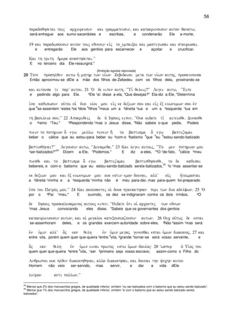 56
paradoqhsetai toij arciereusin kai grammateusin( kai katakrinousin auton qanatw(
será-entregue aos sumo-sacerdotes e escribas, e condenarão Ele a-morte,
19 kai paradwsousin auton toij eqnesin eivj to_empaixai kai mastigwsai kai staurwsai)
e entregarão Ele aos gentios para escarnecer e açoitar e crucificar.
Kai th trith h`mera anasthsetai)VV
E no terceiro dia Ele-ressurgirá."
[Ambição egoista reprovada]
20202020 Tote proshlqen autw h` mhthr twn ui`wn Zebedaiou meta twn ui`wn authj( proskunousa
Então aproximou-se dEle a mãe dos filhos de-Zebedeu com os filhos dela, prostrando-se
kai aitousa ti parV autou) 21 ~O de eipen auth( ~~Ti, qeleij?VV Legei autw( ~~Eipe
e pedindo algo para Ele. ²Ele ¹aí disse a-ela, "Que desejas?" Ela-diz a-Ele, "Determina
i`na kaqiswsin ou`toi oi` duo ui`oi mou ei`j ek dexiwn sou kai ei`j evx euwnumwn sou evn
que
6
se-assentem ¹estes ²os ³dois
4
filhos
5
meus um a ²direita ¹tua e um a ²esquerda ¹tua em
th basileia sou)VV 22 Apokriqeij de o` Ihsouj eipen( ~~Ouk oidate ti, aiteisqe) Dunasqe
o ²reino ¹Teu." ²Respondendo ¹mas o Jesus disse, "Não sabeis o-que pedis. Podeis
piein to pothrion o] egw mellw pinein h; to baptisma o] egw baptizomai
beber o cálice que eu estou-para beber ou ²com-o ³batismo
4
que
5
eu
6
estou-sendo-batizado
baptisqhnai?VV Legousin autw( ~~Dunameqa)VV 23 Kai legei autoij( ~~To men pothrion mou
¹ser-batizados?"
24
Dizem a-Ele, "Podemos." E diz a-eles, "²O ¹de-fato,
4
cálice ³meu
piesqe kai to baptisma o] egw baptizomai baptisqhsesqe( to de kaqisai
bebereis, e com-o batismo que eu estou-sendo-batizado sereis-batizados,
25
²o ¹mas assentar-se
ek dexiwn mou kai evx euwnumwn mou ouk estin emon dounai( allV oi`j h`toimastai
a ²direita ¹minha e a ²esquerda ¹minha não é meu para-dar, mas para-quem foi-preparado
u`po tou Patroj mou)VV 24 Kai akousantej oi` deka hganakthsan peri twn duo adelfwn) 25 ~O
por o ²Pai ¹meu." E ouvindo, os dez se-indignaram contra os dois irmãos. ²O
de Ihsouj proskalesamenoj autouj eipen( ~~Oidate o`ti oi` arcontej twn eqnwn
¹mas Jesus convocando eles disse, "Sabeis que os governantes dos gentios
katakurieuousin autwn( kai oi` megaloi katexousiazousin autwn) 26 Ouc ou`twj de estai
se-assenhoram deles, e os grandes exercem-autoridade sobre-eles. ³Não ²assim ¹mas será
evn u`min allV o]j ean qelh evn u`min megaj genesqai estai u`mwn diakonoj( 27 kai
entre vós, porém quem quer que-queira ³entre
4
vós, ²grande ¹tornar-se será vosso servente, e
o]j ean qelh evn u`min einai prwtoj estw u`mwn douloj 28 ~wsper o` Ui`oj tou
quem quer que-queira ³entre
4
vós, ¹ser ²primeiro seja vosso escravo; assim-como o Filho do
Anqrwpou ouk hlqen diakonhqhnai( alla diakonhsai( kai dounai thn yuchn autou
Homem não veio ser-servido, mas servir, e dar a vida dEle
lutron anti pollwn)VV
24
Menos que 2% dos manuscritos gregos, de qualidade inferior, omitem “ou ser batizados com o batismo que eu estou sendo batizado”.
25
Menos que 1% dos manuscritos gregos, de qualidade inferior, omitem “e com o batismo que eu estou sendo batizado sereis
batizados”.
 