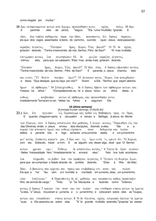57
como-resgate por muitos."
29292929 Kai ekporeuomenwn autwn apo Iericw( hkolouqhsen autw ocloj poluj) 30 Kai
E partindo eles de Jericó,
4
seguiu
5
Ele ¹uma-³multidão ²grande. E
idou( duo tufloi kaqhmenoi para thn o`don( akousantej o`ti Ihsouj paragei(
eis-que dois cegos assentados à-beira do caminho, ouvindo (que) 'Jesus está-passando',
ekraxan( legontej( ~~Elehson h`maj( Kurie( Ui`oj Dauid!VV 31 ~O de ocloj
gritaram dizendo, "Tenha-misericórdia de-nós, Senhor, Filho de-Davi!" ²A ¹mas multidão
epetimhsen autoij i`na siwphswsin) Oi` de meizon ekrazon( legontej(
intimou eles, para-que se-calassem. ²Eles ¹mas ainda-mais gritaram dizendo,
~~Elehson h`maj( Kurie( Ui`oj Dauid!VV 32 Kai staj o` Ihsouj efwnhsen autouj
"Tenha-misericórdia de-nós, Senhor, Filho de-Davi!" E parando, o Jesus chamou eles
kai eipen( ~~Ti, qelete poihsw u`min?VV 33 Legousin autw( ~~Kurie( i`na anoicqwsin
e disse, "Que desejais que-eu-faça por-vós?" Dizem a-Ele, "Senhor, que sejam-abertos
h`mwn oi` ofqalmoi)VV 34 Splagcnisqeij de o` Ihsouj h`yato twn ofqalmwn autwn( kai
²nossos ¹os olhos." ²Compadecendo-se, ¹aí o Jesus tocou os olhos deles, e
euqewj anebleyan autwn oi` ofqalmoi( kai hkolouqhsan autw)
imediatemente
4
tornaram-a-ver, ³deles ¹os ²olhos e seguiram Ele.
[A última semana]
[A entrada triunfal—domingo, 31/03/30 dC]
21212121)1)1)1)1 Kai o`te hggisan eivj ~Ierosoluma kai hlqon eivj Bhqsfagh proj to Oroj
E quando chegaram-perto a Jerusalém e vieram a Betfagé, à-altura do Monte
twn Elaiwn( tote o` Ihsouj apesteilen duo maqhtaj( 2 legwn autoij( ~~Poreuqhte eivj thn
das Oliveiras, então o Jesus enviou dois discípulos, dizendo a-eles, "Ide a a
kwmhn thn apenanti u`mwn( kai euqewj eu`rhsete onon dedemenhn kai pwlon
aldeia, a perante vós, e logo achareis uma-jumenta atada, e um-jumentinho
metV authj) Lusantej agagete moi) 3 Kai ean tij u`min eiph ti( ereite o`ti ~~O Kurioj
com ela. Soltando, trazei a-mim. E se alguém vos disser algo, dizei que 'O Senhor
autwn creian ecei)V Euqewj de apostellei autouj)VV 4 Touto de o`lon gegonen
³deles ²necessidade ¹tem,' ²imediatamente ¹aí enviará eles." ²Isto ¹ora tudo aconteceu
i`na plhrwqh to r`hqen dia tou profhtou( legontoj( 5 ~~Eipate th qugatri Siwn(
para-que se-cumprisse o falado através do profeta dizendo, “Dizei à filha de-Sião:
Idou( o` basileuj sou ercetai soi prauj kai epibebhkwj epi onon( kai pwlon
Eis-que o ²rei ¹teu vem a-ti humilde e montado em jumento, alias, um-jumentinho,
ui`on u`pozugiou)VV 6 Poreuqentej de oi` maqhtai kai poihsantej kaqwj prosetaxen
filho de-animal-de-carga.”
4
Indo,
1
aí
2
os
3
discípulos e fazendo como
3
ordenou
autoij o` Ihsouj 7 hgagon thn onon kai ton pwlon kai epeqhkan epanw autwn ta i`matia
4
a-eles,
1
o
2
Jesus trouxeram a jumenta e o jumentinho; e colocaram sobre eles as
2
roupas,
autwn( kai epekaqisen epanw autwn) 8 ~O de pleistoj ocloj estrwsan e`autwn ta i`matia
1
suas e Ele-assentou-se sobre elas.
2
A
1
aí grande multidão estendeu
2
proprias
1
as vestes
 