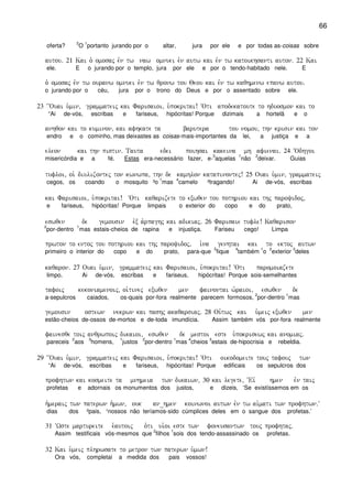 66
oferta?
2
O
1
portanto jurando por o altar, jura por ele e por todas as-coisas sobre
autou) 21 Kai o` omosaj evn tw naw omnuei evn autw kai evn tw katoikhsanti auton) 22 Kai
ele. E o jurando por o templo, jura por ele e por o tendo-habitado nele. E
o` omosaj evn tw ouranw omnuei evn tw qronw tou Qeou kai evn tw kaqhmenw epanw autou)
o jurando por o céu, jura por o trono do Deus e por o assentado sobre ele.
23 ~~Ouai u`min( grammateij kai Farisaioi( u`pokritai! ~Oti apodekatoute to hduosmon kai to
“Ai de-vós, escribas e fariseus, hipócritas! Porque dizimais a hortelã e o
anhqon kai to kuminon( kai afhkate ta barutera tou nomou( thn krisin kai ton
endro e o cominho, mas deixastes as coisas-mais-importantes da lei, a justiça e a
eleon kai thn pistin) Tauta edei poihsai kakeina mh afienai) 24 ~Odhgoi
misericórdia e a fé. Estas era-necessário fazer, e-
3
aquelas
1
não
2
deixar. Guias
tufloi( oi` diulizontej ton kwnwpa( thn de kamhlon katapinontej! 25 Ouai u`min( grammateij
cegos, os coando o mosquito ³o
1
mas
4
camelo ²tragando! Ai de-vós, escribas
kai Farisaioi( u`pokritai! ~Oti kaqarizete to exwqen tou pothriou kai thj paroyidoj(
e fariseus, hipócritas! Porque limpais o exterior do copo e do prato,
eswqen de gemousin evx a`rpaghj kai adikiaj) 26 Farisaie tufle! Kaqarison
2
por-dentro
1
mas estais-cheios de rapina e injustiça. Fariseu cego! Limpa
prwton to entoj tou pothriou kai thj paroyidoj( i`na genhtai kai to ektoj autwn
primeiro o interior do copo e do prato, para-que
5
fique
4
também
1
o
2
exterior
3
deles
kaqaron) 27 Ouai u`min( grammateij kai Farisaioi( u`pokritai! ~Oti paromoiazete
limpo. Ai de-vós, escribas e fariseus, hipócritas! Porque sois-semelhantes
tafoij kekoniamenoij( oi`tinej exwqen men fainontai w`raioi( eswqen de
a-sepulcros caiados, os-quais por-fora realmente parecem formosos,
2
por-dentro
1
mas
gemousin ostewn nekrwn kai pashj akaqarsiaj) 28 Ou`twj kai u`meij exwqen men
estão-cheios de-ossos de-mortos e de-toda imundícia. Assim também vós por-fora realmente
fainesqe toij anqrwpoij dikaioi( eswqen de mestoi este u`pokrisewj kai anomiaj)
pareceis
2
aos
3
homens,
1
justos
2
por-dentro
1
mas
4
cheios
3
estais de-hipocrisia e rebeldia.
29 ~~Ouai u`min( grammateij kai Farisaioi( u`pokritai! ~Oti oikodomeite touj tafouj twn
“Ai de-vós, escribas e fariseus, hipócritas! Porque edificais os sepulcros dos
profhtwn kai kosmeite ta mnhmeia twn dikaiwn( 30 kai legete( ~Eiv hmen evn taij
profetas e adornais os monumentos dos justos, e dizeis, ‘Se existíssemos em os
h`meraij twn paterwn h`mwn( ouk an_hmen koinwnoi autwn evn tw ai`mati twn profhtwn)V
dias dos ²pais, ¹nossos não teríamos-sido cúmplices deles em o sangue dos profetas.’
31 ~Wste martureite e`autoij o`ti ui`oi este twn foneusantwn touj profhtaj)
Assim testificais vós-mesmos que
2
filhos
1
sois dos tendo-assassinado os profetas.
32 Kai u`meij plhrwsate to metron twn paterwn u`mwn!
Ora vós, completai a medida dos pais vossos!
 