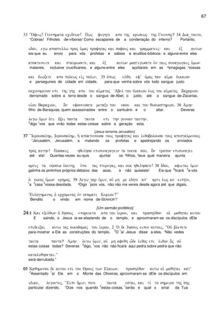 67
33 ~~Ofeij! Gennhmata ecidnwn! Pwj fughte apo thj krisewj thj Geennhj? 34 Dia_touto(
“Cobras! Filhotes de-víboras! Como escapareis de a condenação do inferno? Portanto,
idou( egw apostellw proj u`maj profhtaj kai sofouj kai grammateij kai evx autwn
eis-que eu envio para vós profetas e sábios e eruditos-bíblicos; e alguns-entre eles
apokteneite kai staurwsete( kai evx autwn mastigwsete evn taij sunagwgaij u`mwn
matareis, inclusive crucificareis, e alguns-entre eles açoitareis em as ²sinagogas ¹vossas
kai diwxete apo polewj eivj polin( 35 o`pwj elqh efV u`maj pan ai`ma dikaion
e perseguireis de cidade em cidade, para-que venha sobre vós todo sangue justo
ekcunomenon epi thj ghj apo tou ai`matoj ~Abel tou dikaiou e`wj tou ai`matoj Zacariou
derramado sobre a terra desde o sangue de-Abel, o justo, até o sangue de-Zacarias,
ui`ou Baraciou( o]n efoneusate metaxu tou naou kai tou qusiasthriou) 36 Amhn
filho de-Baraquias, quem assassinastes entre o santuário e o altar. Deveras
legw u`min o`ti h`xei panta tauta epi thn genean tauthn)
2
digo
1
vos que virão todas estas-coisas sobre a geração esta.
[Jesus lamenta Jerusalém]
37373737 ~~Ierousalhm( Ierousalhm( h` apoktenousa touj profhtaj kai liqobolousa touj apestalmenouj
“Jerusalém, Jerusalém, a matando os profetas e apedrejando os enviados
proj authn! Posakij hqelhsa episunagagein ta tekna sou( o]n tropon episunagei
até ela! Quantas-vezes eu-quis ajuntar os ²filhos, ¹teus qual maneira ajunta
ornij ta nossia e`authj u`po taj pterugaj( kai ouk hqelhsate! 38 Idou( afietai u`min
galinha os pintinhos próprios debaixo das asas, e não quiseste! Eis-que
4
ficará
5
a-vós
o` oikoj u`mwn erhmoj) 39 Legw gar u`min( ouv mh me idhte apV arti e`wj an eiphte(
1
a
3
casa
2
vossa desolada. ²Digo
1
pois vos, não não me vereis desde agora até que digais,
~Euloghmenoj o` ercomenoj evn onomati KuriouV!VV
‘Bendito o vindo em nome de-SENHOR’!”
[Um sermão profético]
24242424Ç1Ç1Ç1Ç1 Kai exelqwn o` Ihsouj eporeueto apo tou i`erou( kai proshlqon oi` maqhtai autou
E saindo, o Jesus ia-se-afastando de o templo, e aproximaram-se os discípulos dEle
epideixai autw taj oikodomaj tou i`erou) 2 ~O de Ihsouj eipen autoij( ~~Ouv blepete
para-mostrar a-Ele as construções do templo.
2
O
1
aí Jesus disse a-eles, “Não vedes
tauta panta? Amhn legw u`min( ouv mh afeqh w-de liqoj epi liqon o]j ouv
estas-coisas todas? Deveras
2
digo,
1
vos não não ficará aqui pedra sobre pedra que não
kataluqhsetai)VV
será-derrubada.”
03030303 Kaqhmenou de autou epi tou Orouj twn Elaiwn( proshlqon autw oi` maqhtai katV
2
Assentado
1
aí Ele em o Monte das Oliveiras, aproximaram-se dEle os discípulos em
idian( legontej( ~~Eipe h`min( pote tauta estai( kai ti, to shmeion thj shj
particular dizendo, “Dize nos quando
2
estas-coisas,
1
serão e qual o sinal da Tua
 