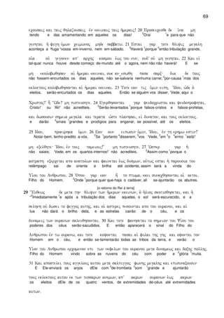 69
ecousaij kai taij qhlazousaij evn ekeinaij taij h`meraij! 20 Proseucesqe de i`na mh
tendo e das amamentando em aqueles os dias!
2
Orai
1
e para-que não
genhtai h` fugh u`mwn ceimwnoj mhde sabbatw) 21 Estai gar tote qliyij megalh
aconteça a ²fuga ¹vossa em-inverno, nem em-sábado.
3
Haverá
1
porque
2
então tribulação grande,
oi`a ouv gegonen apV archj kosmou e`wj tou nun( oudV ouv mh genhtai) 22 Kai eiv
tal-qual nunca houve desde começo de-mundo até o agora, nem não não haverá! E se
mh ekolobwqhsan ai` h`merai ekeinai( ouk an_eswqh pasa sarx dia de touj
não fossem-encurtados os dias aqueles, não se-salvaria nenhuma carne;
2
por-causa
1
mas dos
eklektouj kolobwqhsontai ai` h`merai ekeinai) 23 Tote ean tij u`min eiph( ~Idou( w`de o`
eleitos, serão-encurtados os dias aqueles. Então se alguém vos disser, ‘Vede, aqui o
Cristoj!V h; ~~Wde!V mh pisteushte) 24 Egerqhsontai gar yeudocristoi kai yeudoprofhtai(
Cristo!’ ou ‘Ali!’ não acrediteis.
2
Serão-levantados
1
porque falsos-cristos e falsos-profetas,
kai dwsousin shmeia megala kai terata w`ste planhsai( eiv dunaton( kai touj eklektouj)
e darão
2
sinais
1
grandes e prodígios para enganar, se possível, até os eleitos.
25 Idou( proeirhka u`min) 26 Ean oun eipwsin u`min( ~Idou( evn th erhmw estin!V
Notar-bem, tenho-predito a-vós.
2
Se
1
portanto
4
disserem,
3
vos ‘Vede,
2
em
3
o
4
ermo
1
está!’
mh exelqhte ~Idou( evn toij tameioij!V mh pisteushte) 27 ~Wsper gar h`
não saiais; ‘Vede, em os quartos-internos!’ não acrediteis.
2
Assim-como
1
porque o
astraph exercetai apo anatolwn kai fainetai e`wj dusmwn( ou`twj estai h` parousia tou
relâmpago sai de oriente e brilha até ocidente, assim será a vinda do
Ui`ou tou Anqrwpou) 28 ~Opou gar ean h= to ptwma( ekei sunacqhsontai oi` aetoi)
Filho do Homem.
2
Onde
1
porque quer que-haja o cadáver, ali se-ajuntarão os abutres.
[o retorno do Rei à terra]
29292929 ~~Euqewj de meta thn qliyin twn h`merwn ekeinwn( o` h`lioj skotisqhsetai( kai h`
“
2
Imediatamente
1
e após a tribulação dos dias aqueles, o sol será-escurecido, e a
selhnh ouv dwsei to feggoj authj( kai oi` asterej pesountai apo tou ouranou( kai ai`
lua não dará o brilho dela, e as estrelas cairão de o céu, e os
dunameij twn ouranwn saleuqhsontai) 30 Kai tote fanhsetai to shmeion tou Yi`ou tou
poderes dos céus serão-sacudidos. E então aparecerá o sinal do Filho do
Anqrwpou evn tw ouranw( kai tote koyontai pasai ai` fulai thj ghj kai oyontai ton
Homem em o céu, e então se-lamentarão todas as tribos da terra, e verão o
Ui``on tou Anqrwpou ercomenon epi twn nefelwn tou ouranou meta dunamewj kai doxhj pollhj)
Filho do Homem vindo sobre as nuvens do céu com poder e
2
glória
1
muita.
31 Kai apostelei touj aggelouj autou meta salpiggoj fwnhj megalhj kai episunaxousin
E Ele-enviará os anjos dEle com
3
de-trombeta
2
som
1
grande e ajuntarão
touj eklektouj autou ek twn tessarwn anemwn( apV akrwn ouranwn e`wj akrwn
os eleitos dEle de os quatro ventos, de extremidades de-céus até extremidades
autwn)
 
