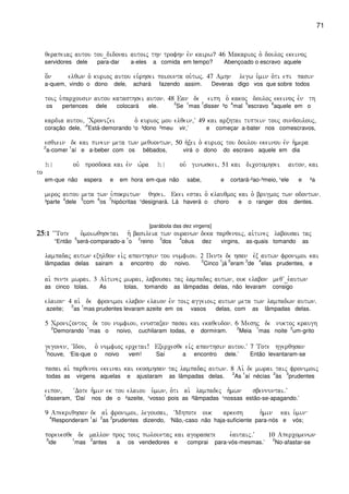 71
qerapeiaj autou tou_didonai autoij thn trofhn evn kairw? 46 Makarioj o` douloj ekeinoj
servidores dele para-dar a-eles a comida em tempo? Abençoado o escravo aquele
o[n elqwn o` kurioj autou eu`rhsei poiounta ou`twj) 47 Amhn legw u`min o`ti epi pasin
a-quem, vindo o dono dele, achará fazendo assim. Deveras digo vos que sobre todos
toij u`parcousin autou katasthsei auton) 48 Ean de eiph o` kakoj douloj ekeinoj evn th
os pertences dele colocará ele.
2
Se
1
mas
7
disser ³o
4
mal
5
escravo
6
aquele em o
kardia autou( ~Cronizei o` kurioj mou elqein(V 49 kai arxhtai tuptein touj sundoulouj(
coração dele, ‘
4
Está-demorando ¹o ³dono ²meu vir,’ e começar a-bater nos comescravos,
esqiein de kai pinein meta twn mequontwn( 50 h`xei o` kurioj tou doulou ekeinou evn h`mera
2
a-comer
1
aí e a-beber com os bêbados, virá o dono do escravo aquele em dia
h| ouv prosdoka kai evn w`ra h| ouv ginwskei( 51 kai dicotomhsei auton( kai
to
em-que não espera e em hora em-que não sabe, e cortará-²ao-³meio, ¹ele e ²a
meroj autou meta twn u`pokritwn qhsei) Ekei estai o` klauqmoj kai o` brugmoj twn odontwn)
³parte
4
dele
5
com
6
os
7
hipócritas ¹designará. Lá haverá o choro e o ranger dos dentes.
[parábola das dez virgens]
25252525Ç1Ç1Ç1Ç1 ~~Tote o`moiwqhsetai h` basileia twn ouranwn deka parqenoij( ai`tinej labousai taj
“Então
5
será-comparado-a
1
o
2
reino
3
dos
4
céus dez virgins, as-quais tomando as
lampadaj autwn exhlqon eivj apanthsin tou numfiou) 2 Pente de hsan evx autwn fronimoi kai
lâmpadas delas sairam a encontro do noivo.
2
Cinco
1
já
5
eram
3
de
4
elas prudentes, e
ai` pente mwrai) 3 Ai`tinej mwrai( labousai taj lampadaj autwn( ouk elabon meqV_e`autwn
as cinco tolas. As tolas, tomando as lâmpadas delas, não levaram consigo
elaion 4 ai` de fronimoi elabon elaion evn toij aggeioij autwn meta twn lampadwn autwn)
azeite;
2
as
1
mas prudentes levaram azeite em os vasos delas, com as lâmpadas delas.
5 Cronizontoj de tou numfiou( enustaxan pasai kai ekaqeudon) 6 Meshj de nuktoj kraugh
2
Demorando
1
mas o noivo, cuchilaram todas, e dormiram.
2
Meia
1
mas noite
2
um-grito
gegonen( ~Idou( o` numfioj ercetai! Exercesqe eivj apanthsin autou)V 7 Tote hgerqhsan
1
houve, ‘Eis-que o noivo vem! Saí a encontro dele.’ Então levantaram-se
pasai ai` parqenoi ekeinai kai ekosmhsan taj lampadaj autwn) 8 Ai` de mwrai taij fronimoij
todas as virgens aquelas e ajustaram as lâmpadas delas.
2
As
1
aí nécias
2
às
3
prudentes
eipon( ~Dote h`min ek tou elaiou u`mwn( o`ti ai` lampadej h`mwn sbennuntai)V
1
disseram, ‘Daí nos de o ²azeite, ¹vosso pois as ²lâmpadas ¹nossas estão-se-apagando.’
9 Apekriqhsan de ai` fronimoi( legousai( ~Mhpote ouk arkesh h`min kai u`min
4
Responderam
1
aí
2
as
3
prudentes dizendo, ‘Não,-caso não haja-suficiente para-nós e vós;
poreuesqe de mallon proj touj pwlountaj kai agorasate e`autaij)V 10 Apercomenwn
3
ide
1
mas
2
antes a os vendedores e comprai para-vós-mesmas.’
2
No-afastar-se
 