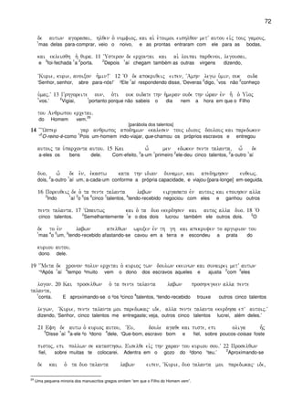 72
de autwn agorasai( hlqen o` numfioj( kai ai` e`toimoi eishlqon metV autou eivj touj gamouj(
1
mas delas para-comprar, veio o noivo, e as prontas entraram com ele para as bodas,
kai ekleisqh h` qura) 11 ~Usteron de ercontai kai ai` loipai parqenoi( legousai(
e
3
foi-fechada
1
a
2
porta.
2
Depois
1
aí chegam também as outras virgens dizendo,
~Kurie( kurie( anoixon h`min!V 12 ~O de apokriqeij eipen( ~Amhn legw u`min( ouk oida
‘Senhor, senhor, abre para-nós!’ ²Ele
1
aí respondendo disse, ‘Deveras
2
digo,
1
vos não
2
conheço
u`maj)V 13 Grhgoreite oun( o`ti ouk oidate thn h`meran oude thn w`ran evn h- o` Ui`oj
1
vos.’
2
Vigiai,
1
portanto porque não sabeis o dia nem a hora em que o Filho
tou Anqrwpou ercetai)
do Homem vem.
29
[parábola dos talentos]
14141414 ~~~Wsper gar anqrwpoj apodhmwn ekalesen touj idiouj doulouj kai paredwken
“
2
O-reino-é-como
1
Pois um-homem indo-viajar, que-chamou os próprios escravos e entregou
autoij ta u`parconta autou) 15 Kai w- men edwken pente talanta( w- de
a-eles os bens dele. Com-efeito,
3
a-um
1
primeiro
2
ele-deu cinco talentos,
2
a-outro
1
aí
duo( w- de e`n( e`kastw kata thn idian dunamin( kai apedhmhsen euqewj)
dois,
2
a-outro
1
aí um, a-cada-um conforme a própria capacidade, e viajou-[para-longe] em-seguida.
16 Poreuqeij de o` ta pente talanta labwn eirgasato evn autoij kai epoihsen alla
2
Indo
1
aí
3
o
5
os
6
cinco
7
talentos,
4
tendo-recebido negociou com eles e ganhou outros
pente talanta) 17 ~Wsautwj kai o` ta duo ekerdhsen kai autoj alla duo) 18 ~O
cinco talentos.
2
Semelhantemente
1
e o dos dois lucrou também ele outros dois.
2
O
de to e`n labwn apelqwn wruxen evn th gh kai apekruyen to argurion tou
1
mas
4
o
5
um,
3
tendo-recebido afastando-se cavou em a terra e escondeu a prata do
kuriou autou)
dono dele.
19 ~~Meta de cronon polun ercetai o` kurioj twn doulwn ekeinwn kai sunairei metV autwn
“²Após
1
aí
4
tempo ³muito vem o dono dos escravos aqueles e ajusta
2
com
3
eles
logon) 20 Kai proselqwn o` ta pente talanta labwn proshnegken alla pente
talanta(
1
conta. E aproximando-se o ²os ³cinco
4
talentos, ¹tendo-recebido trouxe outros cinco talentos
legwn( ~Kurie( pente talanta moi paredwkaj ide( alla pente talanta ekerdhsa epV autoij)V
dizendo, ‘Senhor, cinco talentos me entregaste; veja, outros cinco talentos lucrei, além deles.’
21 Efh de autw o` kurioj autou( ~Eu( doule agaqe kai piste( epi oliga h=j
5
Disse
1
aí
6
a-ele ²o ³dono
4
dele, ‘Que-bom, escravo bom e fiel, sobre poucos-coisas foste
pistoj( epi pollwn se katasthsw) Eiselqe eivj thn caran tou kuriou sou)V 22 Proselqwn
fiel, sobre muitas te colocarei. Adentra em o gozo do ²dono ¹teu.’
2
Aproximando-se
de kai o` ta duo talanta labwn eipen( ~Kurie( duo talanta moi paredwkaj ide(
29
Uma pequena minoria dos manuscritos gregos omitem “em que o Filho do Homem vem”.
 