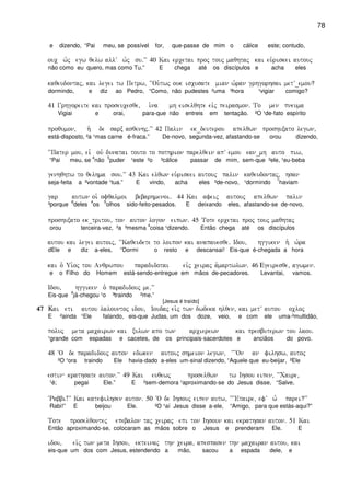 78
e dizendo, “Pai meu, se possível for, que-passe de mim o cálice este; contudo,
ouc w`j egw qelw allV w`j su)VV 40 Kai ercetai proj touj maqhtaj kai eu`riskei autouj
não como eu quero, mas como Tu.” E chega até os discípulos e acha eles
kaqeudontaj( kai legei tw Petrw( ~~Ou`twj ouk iscusate mian w`ran grhgorhsai metV_emou?
dormindo, e diz ao Pedro, “Como, não pudestes ²uma ³hora ¹vigiar comigo?
41 Grhgoreite kai proseucesqe( i`na mh eiselqhte eivj peirasmon) To men pneuma
Vigiai e orai, para-que não entreis em tentação. ²O ¹de-fato espírito
proqumon( h` de sarx asqenhj)VV 42 Palin ek_deuterou apelqwn proshuxato legwn(
está-disposto, ²a ¹mas carne é-fraca.” De-novo, segunda-vez, afastando-se orou dizendo,
~~Pater mou( eiv ouv dunatai touto to pothrion parelqein apV emou ean_mh auto piw(
“Pai meu, se
4
não
5
puder ¹este ²o ³cálice passar de mim, sem-que ²ele, ¹eu-beba
genhqhtw to qelhma sou)VV 43 Kai elqwn eu`riskei autouj palin kaqeudontaj( hsan
seja-feita a ²vontade ¹tua.” E vindo, acha eles ²de-novo, ¹dormindo
7
haviam
gar autwn oi` ofqalmoi bebarhmenoi) 44 Kai afeij autouj apelqwn palin
³porque
6
deles
4
os
5
olhos sido-feito-pesados. E deixando eles, afastando-se de-novo,
proshuxato ek_tritou( ton auton logon eipwn) 45 Tote ercetai proj touj maqhtaj
orou terceira-vez, ²a ³mesma
4
coisa ¹dizendo. Então chega até os discípulos
autou kai legei autoij( ~~Kaqeudete to loipon kai anapauesqe) Idou( hggiken h` w`ra
dEle e diz a-eles, “Dormi o resto e descansai! Eis-que é-chegada a hora
kai o` Ui`oj tou Anqrwpou paradidotai eivj ceiraj a`martwlwn) 46 Egeiresqe( agwmen)
e o Filho do Homem está-sendo-entregue em mãos de-pecadores. Levantai, vamos.
Idou( hggiken o` paradidouj me)VV
Eis-que
4
já-chegou ¹o ³traindo ²me.”
[Jesus é traído]
47474747 Kai eti autou lalountoj idou( Ioudaj ei`j twn dwdeka hlqen( kai metV autou ocloj
E ²ainda ¹Ele falando, eis-que Judas, um dos doze, veio, e com ele uma-²multidão,
poluj meta macairwn kai xulwn apo twn arcierewn kai presbuterwn tou laou)
¹grande com espadas e cacetes, de os principais-sacerdotes e anciãos do povo.
48 ~O de paradidouj auton edwken autoij shmeion legwn( ~~~On an filhsw( autoj
²O ¹ora traindo Ele havia-dado a-eles um-sinal dizendo, “Aquele que eu-beijar, ²Ele
estin krathsate auton)VV 49 Kai euqewj proselqwn tw Ihsou eipen( ~~Caire(
¹é; pegai Ele.” E ²sem-demora ¹aproximando-se do Jesus disse, “Salve,
~Rabbi!VV Kai katefilhsen auton) 50 ~O de Ihsouj eipen autw( ~~~Etaire( efV w` parei?VV
Rabi!” E beijou Ele. ²O ¹aí Jesus disse a-ele, “Amigo, para que estás-aqui?”
Tote proselqontej epebalon taj ceiraj epi ton Ihsoun kai ekrathsan auton) 51 Kai
Então aproximando-se, colocaram as mãos sobre o Jesus e prenderam Ele. E
idou( ei`j twn meta Ihsou( ekteinaj thn ceira( apespasen thn macairan autou( kai
eis-que um dos com Jesus, estendendo a mão, sacou a espada dele, e
 
