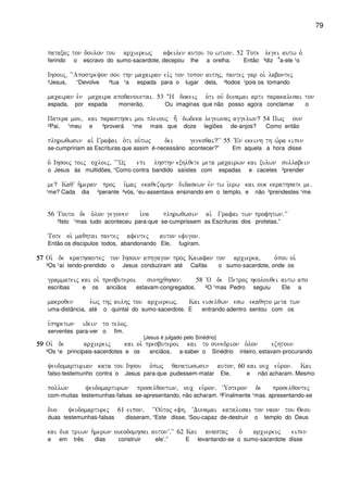 79
pataxaj ton doulon tou arcierewj afeilen autou to wtion) 52 Tote legei autw o`
ferindo o escravo do sumo-sacerdote, decepou lhe a orelha. Então ³diz
4
a-ele ¹o
Ihsouj( ~~Apostreyon sou thn macairan eivj ton topon authj( pantej gar oi` labontej
²Jesus, “Devolve ²tua ¹a espada para o lugar dela, ²todos ¹pois os tomando
macairan evn macaira apoqanountai) 53 :H dokeij o`ti ouv dunamai arti parakalesai ton
espada, por espada morrerão. Ou imaginas que não posso agora conclamar o
Patera mou( kai parasthsei moi pleiouj h; dwdeka legewnaj aggelwn? 54 Pwj oun
²Pai, ¹meu e ²proverá ¹me mais que doze legiões de-anjos? Como então
plhrwqwsin ai` Grafai o`ti ou`twj dei genesqai?VV 55 VEn ekeinh th w`ra eipen
se-cumpririam as Escrituras que assim é-necessário acontecer?” Em aquela a hora disse
o` Ihsouj toij ocloij( ~~~Wj epi lhsthn exhlqete meta macairwn kai xulwn sullabein
o Jesus às multidões, “Como contra bandido saístes com espadas e cacetes ²prender
me? KaqV h`meran proj u`maj ekaqezomhn didaskwn evn tw i`erw kai ouk ekrathsate me)
¹me? Cada dia ²perante ³vós, ¹eu-assentava ensinando em o templo, e não ²prendestes ¹me.
56 Touto de o`lon gegonen i`na plhrwqwsin ai` Grafai twn profhtwn)VV
²Isto ¹mas tudo aconteceu para-que se-cumprissem as Escrituras dos profetas.”
Tote oi` maqhtai pantej afentej auton efugon)
Então os discípulos todos, abandonando Ele, fugiram.
57575757 Oi` de krathsantej ton Ihsoun aphgagon proj Kaiafan ton arcierea( o`pou oi`
²Os ¹aí tendo-prendido o Jesus conduziram até Caifás o sumo-sacerdote, onde os
grammateij kai oi` presbuteroi sunhcqhsan) 58 ~O de Petroj hkolouqei autw apo
escribas e os anciãos estavam-congregados. ²O ¹mas Pedro seguiu Ele a
makroqen e`wj thj aulhj tou arcierewj) Kai eiselqwn esw ekaqhto meta twn
uma-distância, até o quintal do sumo-sacerdote. E entrando adentro sentou com os
u`phretwn idein to teloj)
serventes para-ver o fim.
[Jesus é julgado pelo Sinédrio]
59595959 Oi` de arciereij kai oi` presbuteroi kai to sunedrion o`lon ezhtoun
²Os ¹e principais-sacerdotes e os anciãos, a-saber o Sinédrio inteiro, estavam-procurando
yeudomarturian kata tou Ihsou o`pwj qanatwswsin auton( 60 kai ouc eu`ron) Kai
falso-testemunho contra o Jesus para-que pudessem-matar Ele, e não acharam. Mesmo
pollwn yeudomarturwn proselqontwn( ouc eu`ron) ~Usteron de proselqontej
com-muitas testemunhas-falsas se-apresentando, não acharam. ²Finalmente ¹mas apresentando-se
duo yeudomarturej 61 eipon( ~~Ou`toj efh( ~Dunamai katalusai ton naon tou Qeou
duas testemunhas-falsas disseram, “Este disse, ‘Sou-capaz de-destruir o templo do Deus
kai dia triwn h`merwn oikodomhsai autonV)VV 62 Kai anastaj o` arciereuj eipen
e em três dias construir ele’.” E levantando-se o sumo-sacerdote disse
 