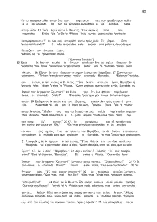 82
evn tw kathgoreisqai auton u`po twn arcierewn kai twn presbuterwn ouden
a o ser-acusado Ele por os principais-sacerdotes e os anciãos, nada
apekrinato) 13 Tote legei autw o` Pilatoj( ~~Ouk akoueij posa sou
respondeu. Então ³diz
4
a-Ele ¹o ²Pilatos, “Não ouves quanta-coisa ²contra-te
katamarturousin?VV 14 Kai ouk apekriqh autw proj_oude e[n r`hma( w[ste
¹estão-testificando?” E não respondeu a-ele sequer uma palavra, de-sorte-que
qaumazein ton h`gemona lian)
³admirou-se ¹o ²governador muito.
[“Queremos Barrabás!”]
15151515 Kata de e`orthn eiwqei o` h`gemwn apoluein e[na tw oclw desmion o[n
²Conforme ¹ora, festa ³costumava ¹o ²governador soltar um ²à ³multidão, ¹preso quem
hqelon) 16 Ei-con de tote desmion epishmon legomenon Barabban) 17 Sunhgmenwn
quisessem. ²Tinham ¹e então um-preso notório chamado Barrabás. ²Estando-
4
reunidos,
oun autwn( eipen autoij o` Pilatoj( ~~Ti,na qelete apolusw u`min( Barabban h;
¹portanto ³eles
7
disse
8
a-eles
5
o
6
Pilatos, “Quem desejais que-eu-solte a-vós, Barrabás ou
Ihsoun ton legomenon Criston?VV 18 Hdei gar o[ti dia fqonon paredwkan
Jesus, o chamado Cristo?” ²Ele-sabia ¹pois que por inveja tinham-entregue
auton) 19 Kaqhmenou de autou epi tou bhmatoj( apesteilen proj auton h` gunh
Ele. ²Assentado ¹aí, ele em o trono-de-juizo,
4
enviou
5
para
6
ele ¹a ²mulher
autou legousa( ~~Mhden soi kai tw dikaiw ekeinw( polla gar epaqon shmeron
³dele dizendo, “Nada-haja entre-ti e o justo aquele, ³muita-coisa ¹pois ²sofri hoje
katV onar diV auton)VV 20 Oi` de arciereij kai oi` presbuteroi
em sonho por-causa-de Ele.” ²Os ¹mas principais-sacerdotes e os anciãos
epeisan touj oclouj i[na aithswntai ton Barabban( ton de Ihsoun apoleswsin)
persuadiram à multidão para-que pedissem o Barrabás, ³o ¹mas
4
Jesus ²que-destruissem.
21 Apokriqeij de o` h`gemwn eipen autoij( ~~Ti,na qelete apo twn duo apolusw
²Reagindo ¹aí o governador disse a-eles, “Quem desejais, entre os dois, que-eu-solte
u`min?VV Oi` de eipon( ~~Barabban)VV 22 Legei autoij o` Pilatoj( ~~Ti, oun poihsw
a-vós?” ²Eles ¹aí disseram, “Barrabás”. Diz a-eles o Pilatos, “Que então farei
Ihsoun ton legomenon Criston?VV Legousin autw pantej( ~~Staurwqhtw!VV 23 ~O de
com-Jesus, o chamado Cristo?” Dizem a-ele todos, “Que-seja-crucificado!” ²O ¹aí
h`gemwn efh( ~~Ti, gar kakon epoihsen?VV Oi` de perisswj ekrazon legontej(
governador disse, “
2
Que ¹mas, mal fez-Ele?” ²Eles ¹mas
4
ainda-mais ³gritavam dizendo,
~~Staurwqhtw!VV 24 Idwn de o` Pilatoj o[ti ouden wfelei alla mallon qoruboj
“Que-seja-crucificado!!”
4
Vendo ¹aí ²o ³Pilatos, que nada adiantava, mas antes um-tumulto
ginetai( labwn u[dwr apeniyato taj ceiraj apenanti tou oclou legwn( ~~Aqwoj
começava, tomando água lavou-bem as mãos perante a multidão dizendo, “Inocente
eimi apo tou ai[matoj tou dikaiou toutou) ~Umeij oyesqe)VV 25 Kai apokriqeij paj o`
 