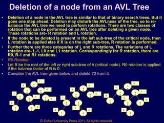 © Oxford University Press 2011. All rights reserved.
Deletion of a node from an AVL Tree
• Deletion of a node in the AVL tree is similar to that of binary search trees. But it
goes one step ahead. Deletion may disturb the AVLness of the tree, so to re-
balance the AVL tree we need to perform rotations. There are two classes of
rotation that can be performed on an AVL tree after deleting a given node.
These rotations are- R rotation and L rotation.
• If the node to be deleted is present in the left sub-tree of the critical node, then
L rotation is applied else if X is on the right sub-tree, R rotation is performed.
• Further there are three categories of L and R rotations. The variations of L
rotation are- L-1, L0 and L1 rotation. Correspondingly for R rotation, there are
R0, R-1 and R1 rotations.
• R0 Rotation
• Let B be the root of the left or right sub-tree of A (critical node). R0 rotation is applied
if the balance factor of B is 0.
• Consider the AVL tree given below and delete 72 from it.
4
5
6
3
3
6
2
7 3
9
7
2
-1
1
1
-1
0
1
8
0
4
0
0
0
4
5
6
3
3
6
2
7
3
9
0
2
1
-1
0
1
8
4
0
0 0
3
6
4
5
2
7
1
8 3
9
1
-1
0
-1
1
4
0
6
3
0
0
 