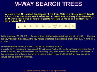 © Oxford University Press 2011. All rights reserved.
M-WAY SEARCH TREES
In such a tree M is called the degree of the tree. Note in a binary search tree M
= 2, so it has one value and 2 sub-trees. In other words, every internal node of
an M-way search tree consists of pointers to M sub-trees and contains M – 1
keys, where M > 2.
P0
K0 P1 K1 P2 K2
……
…
Pn-1 Kn-1 Pn
In the structure, P0, P1, P2,…, Pn are pointers to the node’s sub-trees and K0, K1, K2,…, Kn-1 are
the key values of the node. All the key values are stored in ascending order. That is, Ki < Ki+1 for 0
≤ i ≤ n-2.
In an M-way search tree, it is not compulsory that every node ha
s exactly (M-1) values and have exactly M sub-trees. Rather, the node can have anywhere from 1
to (M-1) values, and the number of sub-trees may vary from 0 (for a leaf node) to 1 + i, where i is
the number of key values in the node. M is thus a fixed upper limit that defines how much key
values can be stored in the node.
 