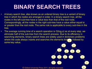 © Oxford University Press 2011. All rights reserved.
BINARY SEARCH TREES
• A binary search tree, also known as an ordered binary tree is a variant of binary
tree in which the nodes are arranged in order. In a binary search tree, all the
nodes in the left sub-tree have a value less than that of the root node.
Correspondingly, all the nodes in the right sub-tree have a value either equal to
or greater than the root node. The same rule is applicable to every sub-tree in the
tree.
• The average running time of a search operation is O(log2n) as at every step, we
eliminate half of the sub-tree from the search process. Due to its efficiency in
searching elements, binary search trees are widely used in dictionary problems
where the code always inserts and searches the elements that are indexed by
some key value.
3
9
4
5
2
7
1
8
9
2
9
4
0
5
4
5
9
2
8
3
6
2
1
1
0
1
9
6
5
6
 