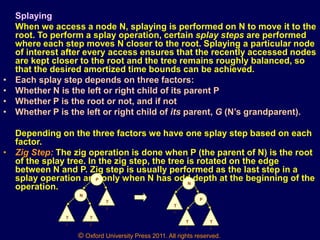 © Oxford University Press 2011. All rights reserved.
Splaying
When we access a node N, splaying is performed on N to move it to the
root. To perform a splay operation, certain splay steps are performed
where each step moves N closer to the root. Splaying a particular node
of interest after every access ensures that the recently accessed nodes
are kept closer to the root and the tree remains roughly balanced, so
that the desired amortized time bounds can be achieved.
• Each splay step depends on three factors:
• Whether N is the left or right child of its parent P
• Whether P is the root or not, and if not
• Whether P is the left or right child of its parent, G (N’s grandparent).
Depending on the three factors we have one splay step based on each
factor.
• Zig Step: The zig operation is done when P (the parent of N) is the root
of the splay tree. In the zig step, the tree is rotated on the edge
between N and P. Zig step is usually performed as the last step in a
splay operation and only when N has odd depth at the beginning of the
operation.
P
N
T
1
T
2
T
3
N
T
1
P
T
2
T
2
 