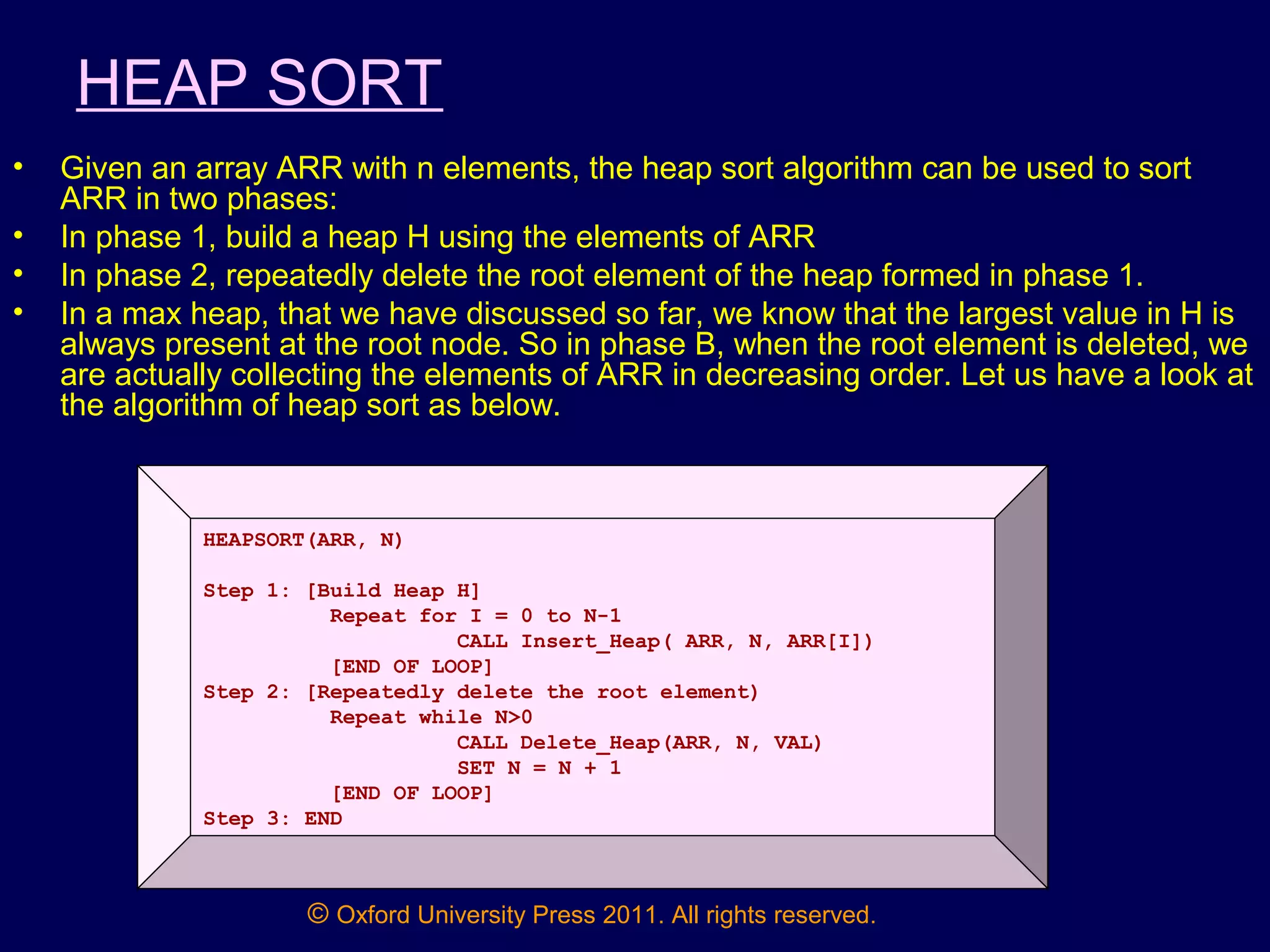 © Oxford University Press 2011. All rights reserved.
HEAP SORT
• Given an array ARR with n elements, the heap sort algorithm can be used to sort
ARR in two phases:
• In phase 1, build a heap H using the elements of ARR
• In phase 2, repeatedly delete the root element of the heap formed in phase 1.
• In a max heap, that we have discussed so far, we know that the largest value in H is
always present at the root node. So in phase B, when the root element is deleted, we
are actually collecting the elements of ARR in decreasing order. Let us have a look at
the algorithm of heap sort as below.
HEAPSORT(ARR, N)
Step 1: [Build Heap H]
Repeat for I = 0 to N-1
CALL Insert_Heap( ARR, N, ARR[I])
[END OF LOOP]
Step 2: [Repeatedly delete the root element)
Repeat while N>0
CALL Delete_Heap(ARR, N, VAL)
SET N = N + 1
[END OF LOOP]
Step 3: END
 