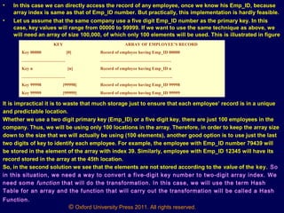 © Oxford University Press 2011. All rights reserved.
• In this case we can directly access the record of any employee, once we know his Emp_ID, because
array index is same as that of Emp_ID number. But practically, this implementation is hardly feasible.
• Let us assume that the same company use a five digit Emp_ID number as the primary key. In this
case, key values will range from 00000 to 99999. If we want to use the same technique as above, we
will need an array of size 100,000, of which only 100 elements will be used. This is illustrated in figure
KEY ARRAY OF EMPLOYEE’S RECORD
Key 00000 [0] Record of employee having Emp_ID 00000
………………………… ………………………………………….
Key n [n] Record of employee having Emp_ID n
………………………… …………………………………………..
Key 99998 [99998] Record of employee having Emp_ID 99998
Key 99999 [99999] Record of employee having Emp_ID 99999
It is impractical it is to waste that much storage just to ensure that each employee’ record is in a unique
and predictable location.
Whether we use a two digit primary key (Emp_ID) or a five digit key, there are just 100 employees in the
company. Thus, we will be using only 100 locations in the array. Therefore, in order to keep the array size
down to the size that we will actually be using (100 elements), another good option is to use just the last
two digits of key to identify each employee. For example, the employee with Emp_ID number 79439 will
be stored in the element of the array with index 39. Similarly, employee with Emp_ID 12345 will have its
record stored in the array at the 45th location.
So, in the second solution we see that the elements are not stored according to the value of the key. So
in this situation, we need a way to convert a five-digit key number to two-digit array index. We
need some function that will do the transformation. In this case, we will use the term Hash
Table for an array and the function that will carry out the transformation will be called a Hash
Function.
 