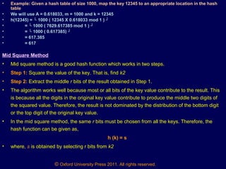 © Oxford University Press 2011. All rights reserved.
• Example: Given a hash table of size 1000, map the key 12345 to an appropriate location in the hash
table
• We will use A = 0.618033, m = 1000 and k = 12345
• h(12345) = └ 1000 ( 12345 X 0.618033 mod 1 ) ┘
• = └ 1000 ( 7629.617385 mod 1 ) ┘
• = └ 1000 ( 0.617385) ┘
• = 617.385
• = 617
Mid Square Method
• Mid square method is a good hash function which works in two steps.
• Step 1: Square the value of the key. That is, find k2
• Step 2: Extract the middle r bits of the result obtained in Step 1.
• The algorithm works well because most or all bits of the key value contribute to the result. This
is because all the digits in the original key value contribute to produce the middle two digits of
the squared value. Therefore, the result is not dominated by the distribution of the bottom digit
or the top digit of the original key value.
• In the mid square method, the same r bits must be chosen from all the keys. Therefore, the
hash function can be given as,
h (k) = s
• where, s is obtained by selecting r bits from k2
 