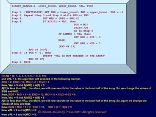 © Oxford University Press 2011. All rights reserved.
BINARY_SEARCH(A, lower_bound, upper_bound, VAL, POS)
Step 1: [INITIALIZE] SET BEG = lower_bound, END = upper_bound, POS = -1
Step 2: Repeat Step 3 and Step 4 while BEG <= END
Step 3: SET MID = (BEG + END)/2
Step 4: IF A[MID] = VAL, then
POS = MID
PRINT POS
Go to Step 6
IF A[MID] > VAL then;
SET END = MID - 1
ELSE
SET BEG = MID + 1
[END OF IF]
[END OF LOOP]
Step 5: IF POS = -1, then
PRINTF “VAL IS NOT PRESENT IN THE ARRAY”
[END OF IF]
Step 6: EXIT
int A[] = {0, 1, 2, 3, 4, 5, 6, 7, 8, 9, 10};
and VAL = 9, the algorithm will proceed in the following manner.
BEG = 0, END = 10, MID = (0 + 10)/2 = 5
Now, VAL = 9 and A[MID] = A[5] = 5
A[5] is less than VAL, therefore, we will now search for the value in the later half of the array. So, we change the values of
BEG and MID.
Now, BEG = MID + 1 = 6, END = 10, MID = (6 + 10)/2 =16/2 = 8
Now, VAL = 9 and A[MID] = A[8] = 8
A[8] is less than VAL, therefore, we will now search for the value in the later half of the array. So, again we change the
values of BEG and MID.
Now, BEG = MID + 1 = 9, END = 10, MID = (9 + 10)/2 = 9
Now VAL = 9 and A[MID] = 9.
Now VAL = 9 and A[MID] = 9.
 