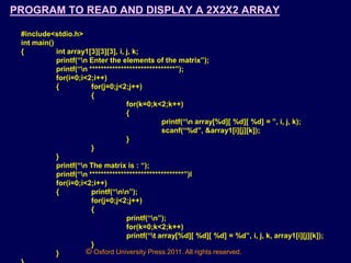 © Oxford University Press 2011. All rights reserved.
PROGRAM TO READ AND DISPLAY A 2X2X2 ARRAY
#include<stdio.h>
int main()
{ int array1[3][3][3], i, j, k;
printf(“n Enter the elements of the matrix”);
printf(“n ******************************”);
for(i=0;i<2;i++)
{ for(j=0;j<2;j++)
{
for(k=0;k<2;k++)
{
printf(“n array[%d][ %d][ %d] = ”, i, j, k);
scanf(“%d”, &array1[i][j][k]);
}
}
}
printf(“n The matrix is : “);
printf(“n *********************************”)l
for(i=0;i<2;i++)
{ printf(“nn”);
for(j=0;j<2;j++)
{
printf(“n”);
for(k=0;k<2;k++)
printf(“t array[%d][ %d][ %d] = %d”, i, j, k, array1[i][j][k]);
}
}
 