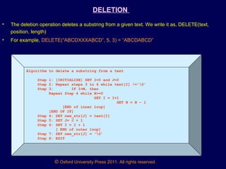 © Oxford University Press 2011. All rights reserved.
DELETION
• The deletion operation deletes a substring from a given text. We write it as, DELETE(text,
position, length)
• For example, DELETE(“ABCDXXXABCD”, 5, 3) = “ABCDABCD”
Algorithm to delete a substring from a text
Step 1: [INITIALIZE] SET I=0 and J=0
Step 2: Repeat steps 3 to 6 while text[I] !=’0’
Step 3: IF I=M, then
Repeat Step 4 while N>=0
SET I = I+1
SET N = N – 1
[END of inner loop]
[END OF IF]
Step 4: SET new_str[J] = text[I]
Step 5: SET J= J + 1
Step 6: SET I = I + 1
[ END of outer loop]
Step 7: SET new_str[J] = ‘0’
Step 8: EXIT
 