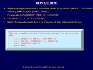 © Oxford University Press 2011. All rights reserved.
REPLACEMENT
• Replacement operation is used to replace the pattern P1 by another pattern P2. This is done
by writing, REPLACE(text, pattern1, pattern2)
• For example, (“AAABBBCCC”, “BBB”, “X”) = AAAXCCC
• (“AAABBBCCC”, “X”, “YYY”)= AAABBBCC
• Note in the second example there is no change as ‘X’ does not appear in the text.
Algorithm to replace a pattern P1 with another pattern P2 in the given text
TEXT
Step 1: [INITIALIZE] SET Pos = INDEX(TEXT, P1)
Step 2: SET TEXT = DELETE(TEXT, Pos, LENGTH(P1))
Step 3: INSERT(TEXT, Pos, P2)
Step 4: EXIT
 