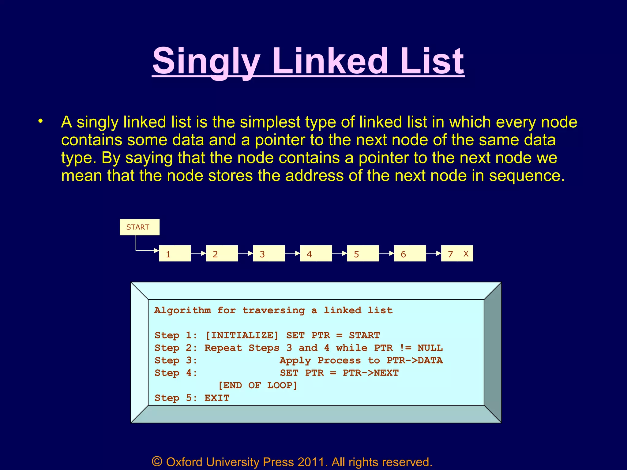 © Oxford University Press 2011. All rights reserved.
Singly Linked List
• A singly linked list is the simplest type of linked list in which every node
contains some data and a pointer to the next node of the same data
type. By saying that the node contains a pointer to the next node we
mean that the node stores the address of the next node in sequence.
1 2 3 4 5 6 7 X
START
Algorithm for traversing a linked list
Step 1: [INITIALIZE] SET PTR = START
Step 2: Repeat Steps 3 and 4 while PTR != NULL
Step 3: Apply Process to PTR->DATA
Step 4: SET PTR = PTR->NEXT
[END OF LOOP]
Step 5: EXIT
 