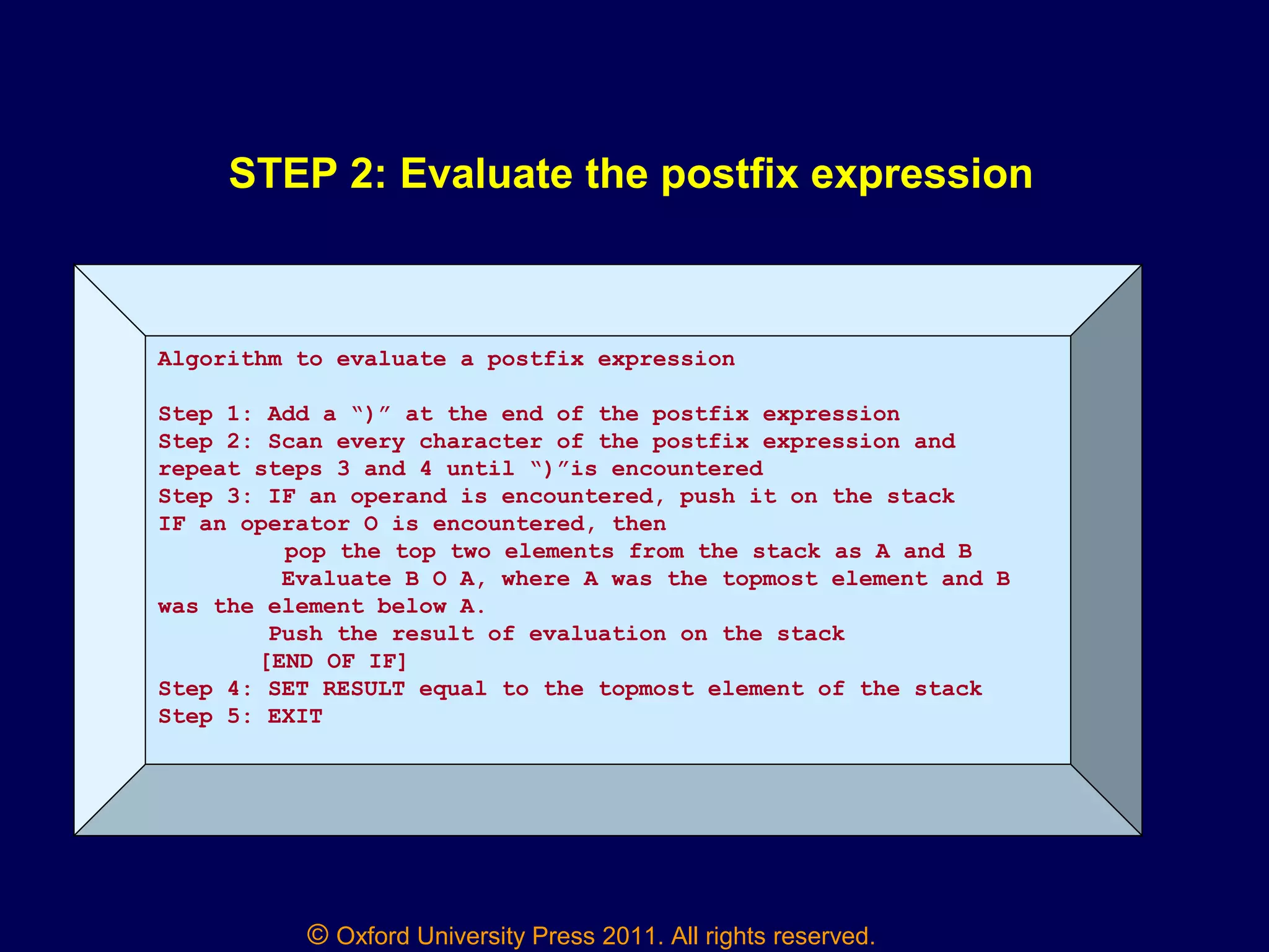© Oxford University Press 2011. All rights reserved.
STEP 2: Evaluate the postfix expression
Algorithm to evaluate a postfix expression
Step 1: Add a “)” at the end of the postfix expression
Step 2: Scan every character of the postfix expression and
repeat steps 3 and 4 until “)”is encountered
Step 3: IF an operand is encountered, push it on the stack
IF an operator O is encountered, then
pop the top two elements from the stack as A and B
Evaluate B O A, where A was the topmost element and B
was the element below A.
Push the result of evaluation on the stack
[END OF IF]
Step 4: SET RESULT equal to the topmost element of the stack
Step 5: EXIT
 