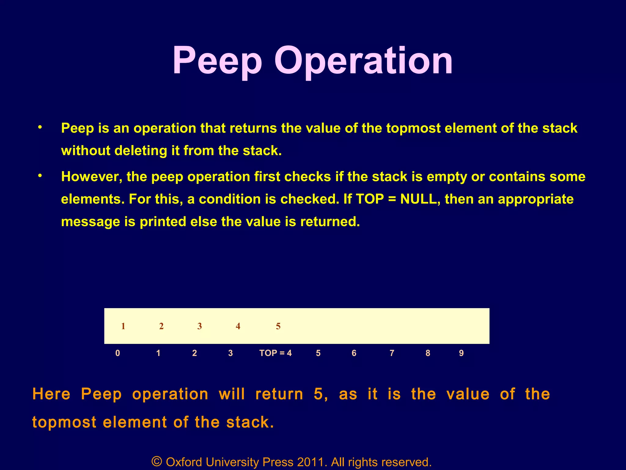 © Oxford University Press 2011. All rights reserved.
Peep Operation
• Peep is an operation that returns the value of the topmost element of the stack
without deleting it from the stack.
• However, the peep operation first checks if the stack is empty or contains some
elements. For this, a condition is checked. If TOP = NULL, then an appropriate
message is printed else the value is returned.
1 2 3 4 5
0 1 2 3 TOP = 4 5 6 7 8 9
Here Peep operation will return 5, as it is the value of the
topmost element of the stack.
 