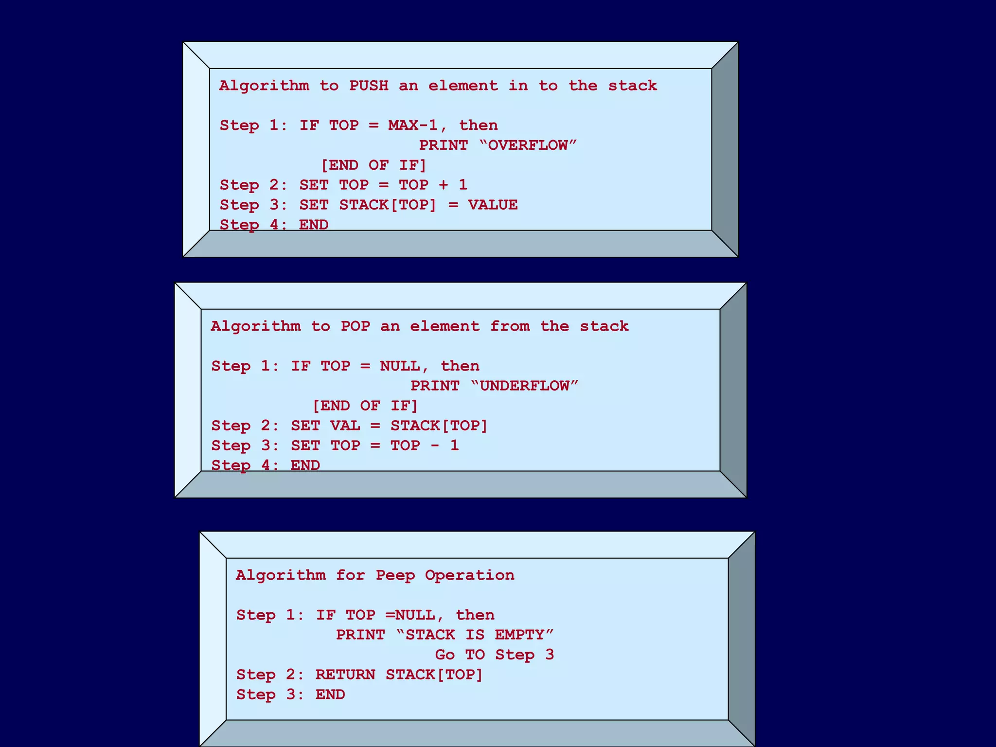 © Oxford University Press 2011. All rights reserved.
Algorithm to PUSH an element in to the stack
Step 1: IF TOP = MAX-1, then
PRINT “OVERFLOW”
[END OF IF]
Step 2: SET TOP = TOP + 1
Step 3: SET STACK[TOP] = VALUE
Step 4: END
Algorithm to POP an element from the stack
Step 1: IF TOP = NULL, then
PRINT “UNDERFLOW”
[END OF IF]
Step 2: SET VAL = STACK[TOP]
Step 3: SET TOP = TOP - 1
Step 4: END
Algorithm for Peep Operation
Step 1: IF TOP =NULL, then
PRINT “STACK IS EMPTY”
Go TO Step 3
Step 2: RETURN STACK[TOP]
Step 3: END
 