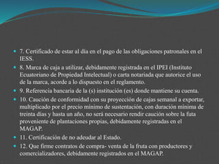  7. Certificado de estar al día en el pago de las obligaciones patronales en el
IESS.
 8. Marca de caja a utilizar, debidamente registrada en el IPEI (Instituto
Ecuatoriano de Propiedad Intelectual) o carta notariada que autorice el uso
de la marca, acorde a lo dispuesto en el reglamento.
 9. Referencia bancaria de la (s) institución (es) donde mantiene su cuenta.
 10. Caución de conformidad con su proyección de cajas semanal a exportar,
multiplicado por el precio mínimo de sustentación, con duración mínima de
treinta días y hasta un año, no será necesario rendir caución sobre la futa
proveniente de plantaciones propias, debidamente registradas en el
MAGAP.
 11. Certificación de no adeudar al Estado.
 12. Que firme contratos de compra- venta de la fruta con productores y
comercializadores, debidamente registrados en el MAGAP.
 