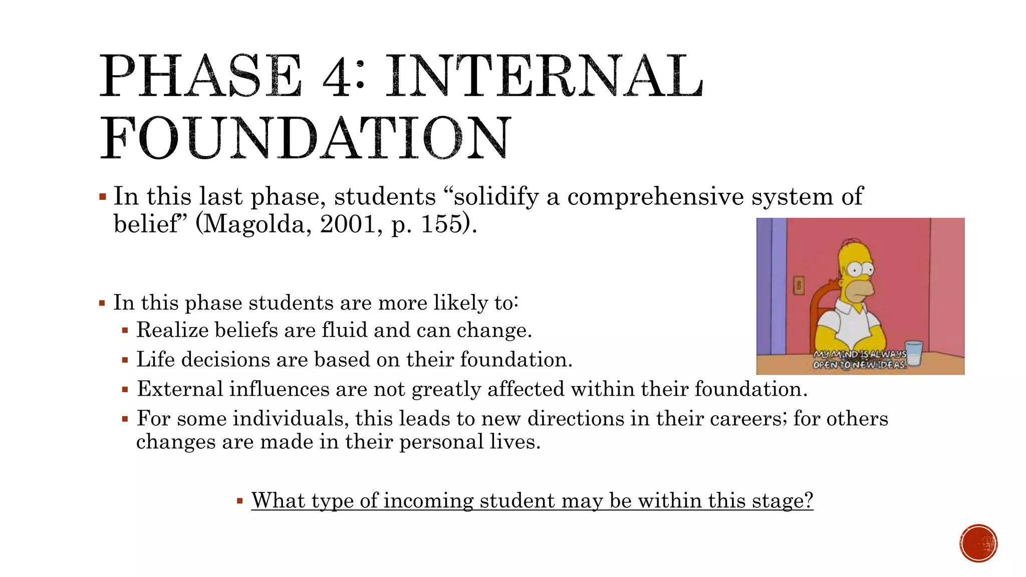  In this last phase, students “solidify a comprehensive system of
belief” (Magolda, 2001, p. 155).
 In this phase students are more likely to:
 Realize beliefs are fluid and can change.
 Life decisions are based on their foundation.
 External influences are not greatly affected within their foundation.
 For some individuals, this leads to new directions in their careers; for others
changes are made in their personal lives.
 What type of incoming student may be within this stage?
 