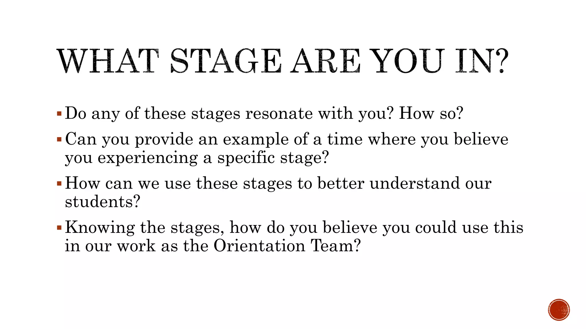 Do any of these stages resonate with you? How so?
Can you provide an example of a time where you believe
you experiencing a specific stage?
How can we use these stages to better understand our
students?
Knowing the stages, how do you believe you could use this
in our work as the Orientation Team?
 