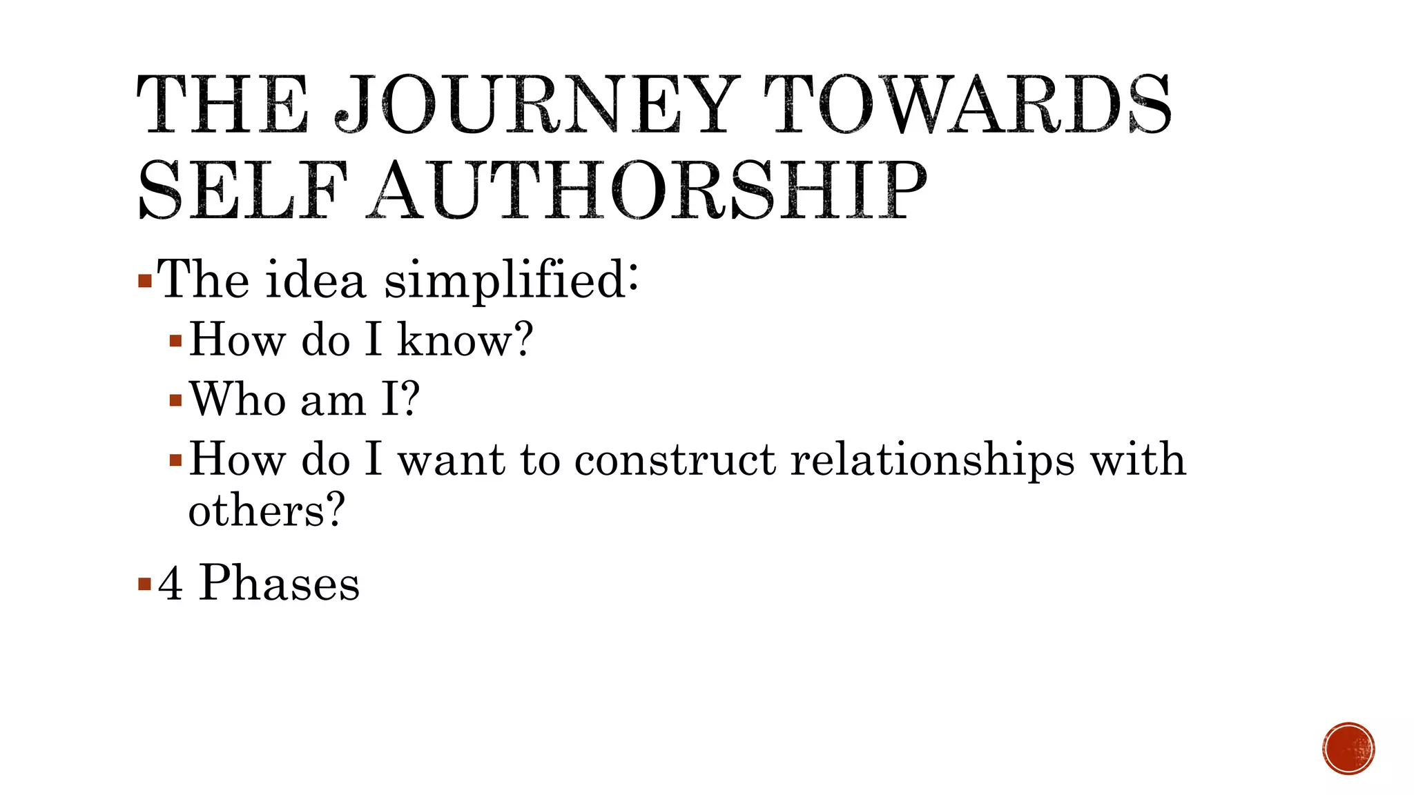 The idea simplified:
How do I know?
Who am I?
How do I want to construct relationships with
others?
4 Phases
 