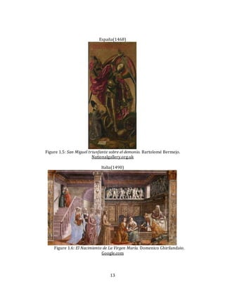 13
España(1468)
Figure 1.5: San Miguel triunfante sobre el demonio. Bartolomé Bermejo.
Nationalgallery.org.uk
Italia(1490)
Figure 1.6: El Nacimiento de La Virgen María. Domenico Ghirilandaio.
Google.com
 