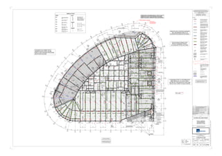 ABBREVIATIONS
F.F.L. - Denotes Finished Floor Level.
S.S.L. - Denotes Structural Slab Level.
T.O.S. - Denotes Top Of Steel level.
T.O.B.F. - Denotes Top Of Bottom Flange level.
T.O.C. - Denotes Top Of Concrete level.
B.O.C. - Denotes Bottom Of Concrete level.
C.L.O.S. - Denotes Centre Line of Steel level.
LEVELSFORCES
- Indicates moment connection and
factored ultimate design moment
(kNm).
M=100
- Indicates end vertical reaction.
Reaction is factored (kN).
R=125
- Indicates end horizontal
reaction. Reaction is factored
(kN).
H=125
- Indicates axial reaction.
Reaction is factored (kN).
A=200
- Indicates torsional moment
connection. Moment is ultimate
and factored (kNm).
T=100
- Indicates horizontal moment
connection and factored ultimate
design moment (kNm).
HM=100
- Indicates amount of pre-camber
to be applied to beam.
PC=15
COLUMNS
- Denotes Column Carried.
- Denotes Column Capped by beam over.
- Denotes Column Stopped at T.O.S. level.
- Denotes Column Hanging.
CONCRETE
N.W.C. - Denotes Normal Weight
Concrete.
L.W.C. - Denotes Light Weight Concrete
CCa
CC
CS
CH
CONNECTIONS OF STEELWORK AROUND LIFT SHAFTS IS NOT TO
PROTRUDE INTO THE LIFT SHAFTS BEYOND THE SLAB EDGE
WHERE A SLAB EXISTS, OR BEYOND THE STEEL SECTION WIDTH.
- Indicates 30Ø Holes along highlighted
beams placed @ 200mm Centres.
Holes to be provided centrally onto the
beam depth
AN ALLOWANCE HAS BEEN MADE FOR A LOAD
FROM RECEPTION WALLS OF 30kN/m. LENGTH
AS SHOWN ON JRA, AS OF 22/10/2014
14
13
12
11
9 8 7 6 5 4 2 1
15
16
17
18
19
20
21
22
23
J
H
G
F
E
D
C
24
26
27
A
A
B
B
E 532830.069 m
N 180764.785 m
E 532831.852 m
N 180721.596 m
20.42°
5.61°
5.61°
5.61°
5.61°
5.61°
5.61°
5.61°
5.61°
5.61°
7.37°
E 532827.684 m
N 180713.895 m
5664
15003010
27.23°
27.23°
32.06°
8370
2570
49536
61270
10337
12708
13254675
8.23°
PG02
PG02
PG70PG65
PG38PG28PG63
5B
5B
5B
5B
5B
5B 5B
PG08
PG47
PG08
PG08
PG08
PG47
BE
BE
BE
BE
5B
PG10 PG10
PG08
PG08
5B
PG08
BE
BE
BE
BE
PG08
PG10
PG12
PG08
PG08
PG08
PG08
5B
5B
5B
5B
5B
5B
EA3A
EA3A
PG20
PG114 PG114 PG114 PG62
PG20
PG111
PG33
PG33
PG111
PG10
PG10
PG10
PG62
PG10PG47PG47PG47
PG08
PG08
BE
PG47
AB
PG68PG68PG68PG68PG69
PG110PG08
PG48
PG48
RHS50D
PG20
PG20
PG20
PG08
PG08
PG117
PG47
PG47
PG47
PG69
PG69
PG69
PG69
PG69
AB
PG56
AB
AB
AB
AB
AB
PG08
PG08
PG110
PG110
PG110
PG110
PG15
PG08
PG47
PG47
PG47
AB
AB
AB
PG08
PG08
PG110PG08
PG110PG08
PG110PG08
PG110PG08
PG110PG08
PG110PG08
PG110PG08
PG110PG08
PG112
PG113
AB
5B 5B5B
AB
AB
AB
AB
AB
AB
AB
AB
AB
AB
AB
AB
AB
AB
AB
AB
AB AB
AB
AB
PG20
AB
600060006000600060007318
73186000600060006000600060003000
5.61°
5.61°
27.23°
3
PG15
PG08
PG20 PG12
PG20
PG12
PG12
PG44
PG47
PG47
PG105
PG20
PG25
PG12
PG25
PG20
PG10
PG20
PG12
PG12
PG25
PG25
PG11
PG10
PG47
PG47
PG47
PG105
PG12
PG12
PG12
PG12
PG12
PG12
PG12
PG12
PG10
PG47
PG10
PG08
PG72
PG08
PG08
PG08PG113
PG112
PG12
PG10
PG15
AB
AB
PG117
PG117
PG117
PG117
AB
AB
AB
AB
AB
AB
PG117
AB
PG37-C
PG117
AB
PG37-C
PG08
PG08
PG08
PG08
PG08
5B
PG46
PG82
PG82
PG82
PG82
PG82
PG31 PG31
PG82
PG82
PG09PG09
PG82
PG82
PG82
PG82
PG115
Proposed Piled Raft Foundation
Proposed RC Retaining Wall
PG31
SSL +12.360 m
SSL +12.260 m
SSL +12.260 m
SSL +12.700 m
SSL +12.700 m
SSL +12.700 m
SSL +12.360 m
SSL +12.360 m
SSL +12.360 m
SSL +12.360 m
SSL +12.700 m
SSL +12.700 m
SSL +12.700 m
SSL +12.360 m
SSL +12.700 m
325mm Thick RC Slab
VB
VB
VBVB
VB
VB
VB
VB
VB
VBVB
VB
VB VB
VB
VBVB
VB
VB
VB
VB
150mm Thick
RC Structural
Slab
150mm Thick RC
Structural Slab
150mm Thick
RC Structural
Slab
Proposed Precast 300mm Thick Twin
Wall construction, under Metal Deck Slab.
Rebar to be placed into Cavity of PC
Twinwall and cast into new Metal Deck
Slabs
Ex. Retaining Wall
150mm Thick RC
Structural Slab
For Details of Proposed Piled Raft,
refer to Drawing No. 10614 SA 10 0067
TransferBeam
Transfer Beam
TransferBeam
(ConcreteEncased)
All CHS's to be concrete filled and
Architecturally finished intumescent paint.
A= 1800kN
A=1800kN
A= ?
A= ?
A= ?
A= ?
A= ?
A= ?
A= ?
A= ?
A= ?
A= ?
A= ?
A= ?
A= ?
A= ?
For Additional Details to Public
Entrance Stairs and Lift, refer to
Drawings STR SA 24 0550 & 0551
Stair Core
Fire Lift 1
Goods Lift
Concrete Encasement
to External Columns
PBG10-C
PG56
PG82
PG82
PG82
PG82
PG62
PG117
PG08
PG10-C
AB-C
AB-C
AB-C
AB-C
AB
AB
AB
PG117
AB
AB
PG08
PG08
PG15
PG20
PG08
PG08
PG10
PG10
200mm RC
Upstand Wall
Proposed Precast
300mm Thick Twin Wall
construction, under.
Proposed Precast
300mm Thick Twin Wall
construction, under.
+12.550m
+12.210 m
PG60
PG54
PG28
PG54
PG54
+12.607m
PG08
PG47
PG62
EA3A
EA3A
+12.550 m
1
0420
2
0420
3
0420
4
0420
5
0420
6
0420
7
0420
8
0420
26
0420
9
0420
10
0420
11
0420
12
0420
13
0420
14
0420
15
0420
17
0420
18
0420
19
0420
22
0420
23
0420
24
0420
25
0420
28
0420
27
0420
UA7A
+12.550
21
0420
20
0420
16
0420
29
0420
AB
Piled Raft Extension In Abeyance.
EA3A
31
0420
5B
150mm Thick
RC Structural
Slab
150mm Thick RC
Structural Slab
PG12
PG12
32
0420
AB
AB
325mm Thick
RC Slab
FLT225x20
TOS +12.550 m
AB
EA3A
TOS +12.210 m
New Lift Core
30
0420
(Concrete Encased)
EA3A
TOS +12.010 m
TOS+12.550m
A= ?
A=?
A= ?
A=?
Where assume
Unless Noted Otherwise
A= 1000kNA= ?
TOBF +12.800 m
1
0421
39
0421
Proposed RC Retaining Wall
PG37-C
B2
69 B2
70
B2
71
B2
72
B2
40
B2
44
B2
46
B2
35B2
34
B2
17
B2
01
B2
39
B2
41
B2
61
B2
04
G
162G
163
B2
33
B2
27
B2
25
B2
23
B2
05
B2
06
B2
07
B2
01
B2
78
B2
79
B2
80
B2
81
B2
83
B2
103 B2
115
B2
116
B2
101
B2
100 B2
77
B2
75
B2
112
B2
113 B2
97 B2
74
B2
95
B2
91
B2
106
B2
107
B2
104
B2
105
B2
84
B2
85
B2
86
B2
102
B1
136
B2
69 B2
70
B2
71
B2
72
B2
46
B2
04
B2
08
B2
09
B2
35B2
34B2
33B2
32B2
31B2
30B2
29
B2
27
B2
26
B2
25
B2
21
B2
20
B2
19
B2
18
B2
17
G
164
B2
02
B2
36
B2
69 B2
70
B2
71
B2
72
B2
40
B2
44
B2
46
B2
35B2
34
B2
17
B2
14
B2
01
B2
39
B2
41
B2
60
B2
61
B2
38
B2
04
G
162G
163
B2
33
B2
27
B2
25
B2
23
B2
05
B2
06
B2
07
B2
01
B2
15
B2
78
B2
79
B2
80
B2
81
B2
82
B2
83
B2
115
B2
116
B2
101
B2
100 B2
77
B2
99
B2
76
B2
75
B2
98B2
114
B2
112
B2
111 B2
113 B2
97 B2
74
B2
73
B2
96
B2
95B2
93
B2
91
B2
106
B2
107 B2
109
B2
110B2
104
B2
108
B2
105
B2
84
B2
85
B2
86
B2
102
B1
136
B2
69
B2
88
B2
70
B2
71
B2
72
B2
46
B2
48
B2
50
B2
04
B2
08
B2
09
B2
10
B2
35B2
34B2
33B2
32B2
31B2
30B2
29
B2
27
B2
26
B2
25
G
165
B2
21
B2
20
B2
19
B2
18
B2
17
B2
16
G
164
B2
57
B2
02
B2
36
25
10
27.23°
13.61°
G
167
1350
1350
G
166
TransferBeam
24.04°
32.06°
All Composite Slabs at this level to be 120
minute Fire rating. Solid RC Slabs at Grids
12 to 20, A to B, 240 minute fire rating
PG15PG54
TOS+12.040m
33
0420
PG10 A= ?
Transfer Beam
EA3A
EA3A
TOS +12.040 m
TOS+12.110mTOS+12.110m
PG08
R=400R=400
AB-C
R=270R=270
RHS22F
RHS22F
RHS22F
RHS22F
RHS22F
RHS22F
AB
TOBF+12.375
AB
24
0421
PG08
PG08
PG08
PG08
*
*
*
*
TOS +12.607 m
TOS+12.607m
TOS +12.607 m
TOS +12.607 m
TOS +12.607 m
TOS +12.607 m
TOS
+12.607 m
TOS
+12.607 m
TOS
+12.607m
TOS
+12.607m
TOS +12.607 m
TOS+12.607m
TOS+12.607m
TOS +12.607 m
TOS+12.550m
AB
+12.607 m
TOS+12.607m
TOS+12.607m
TOS +12.625 m
TOS +12.607 m
TOS +12.607 m
TOS
+12.607 m
TOS+12.607m
TOS+12.607m
TOS+12.607m
TOS+12.607m
+12.607m
+12.607m
TOS+12.607m
cs
cs
(Concrete Encased) Transfer Beam
(Concrete Encased)
TOS
+12.607 m
A=500
A=500
A=500
A=500
A=500
A=500
A=1800kN
A=500
A=500
A=500
A=1800kN
**
**
**
**
**
#
#
#
#
#
#
#
PG117
R=800 R=800
R=800 R=800
35
0421
TOBF +12.550 TOBF +12.550
TOBF +12.550
TOBF+12.550
TOBF+12.210TOS+12.550TOBF+12.040
PG08 PG08 PG08PG08PG08 PG08 PG08 PG08 PG08
5B
PG38-T
AB
AB
ABPG122
2004100200
35001150
48502500
37
0421
PG18
200200
PG119
SSL +11.430 m
TOBF+11.760
TOBF+11.760
TOBF +11.760
TOBF +11.760
38
0421
PG119
6
0620
950500750
550 950 950
1025 950 950 950 550 1025950 950 1025 950 950 550
925 1150 925 500500 500
105630
415
925925925775
925925
133
5009259255005001150925500500500
500
925
925
500
925
PG33
1145
1250
500
500
500
1250
300014901510151014903000
16.03°
16.03°
15.79°11.74°
0.22°
2.81°
2.81°
950
1250
950
500
500
500
950
1200
925
500
500
500
500
500
500
500
925
925
925 500500 500500 500 500 500 925
925 1150 925
925 925 650
500 500 500 500 500500500500
1000500500500
950950
950500925925500500
1230 950 820
925895925 925 5751025950950 1025
950950
925925500500500500500500
925925
3000 3000 3000 3000 2990 214616001400
5005005001295
1150925
1300
1150
925500500
5091
1017
5501750700
600
600
600
600
2.81°
5.61°
4.02°
2.81°
1073 20771173 1877
925
925
500
500
950
975
925
925
500
925925500500500500500500950950500925925500500
2004650200
3
0421
5001434
10009509501100
500
R=800
R=800 R=800
R=800
TOS +12.607 m
TOS +12.210 m
TOS +12.700 m TOS +12.700 m TOS +12.700 m
TOS
+12.700m
TOS+12.550m
TOS+12.550m
TOS +12.210 m
TOS +12.550 m
TOS +10.795 m
TOS+12.200m
TOS+12.040m
TOS +12.040 m
TOS+12.030mTOS+12.030m
TOS+12.030m
TOS+12.030m
TOS+12.030m
TOS+12.040m
TOS +12.700 m
TOS +12.550 m
TOS+12.550m
TOS +12.607 m
TOS+12.607m
TOS+12.607m
TOS+10.867m
PG05
2
0421
CS
CS
CCa
CS
CCa
CS
CS
CS
TOBF+11.760
*
TOS +12.700m
TOS +12.700m
TOS+12.200mTOS+12.200m
TOS+12.020m
TOS +11.760 m
TOS+11.760m
TOS+11.760m
TOS +11.760 m
TOS+12.210m
CS
AB
PG12
TOS+12.110m
TOS +12.210 m
TOS +12.210 m
4
0421
EA2G
EA2G
TOS +12.210 m
TOS +12.210 m
TOS+12.110m
M=2000kN
V=800kN
M=60kNm
M=60kNm
M=60kNm
M=60kNm
M=60kNm
M=90kNm
M=90kNm
M=90kNm
M=90kNm
M=90kNm
M=90kNm
M=90kNmM=90kNm
M=90kNm
M=90kNm
M=90kNm
M=90kNm
M=90kNm
M=90kNm
M=90kNm
M=90kNm
M=90kNm
M=90kNm
M=90kNmM=90kNm
M=60kNm
M=60kNm
M=60kNm
M=60kNm
M=60kNm
M=60kNm
M=60kNm
M=60kNm
M=60kNm
M=60kNm
M=60kNm
M=60kNm
M=60kNm
M=60kNm
M=60kNm
M=60kNm
M=60kNm
M=60kNm
M=150kNm
M=150kNm
M=150kNm
M=150kNm
M=150kNm
M=150kNm
Concrete slab 300mm thk.
Column unrestrained in the
W-E direction between
2nd floor & Basement during
construction. Steel contractor
to make all allowances & provisions
for temporary case.
End of beam to be
supported off existing
diaphragm wall
PG10-C
A= 250kN
A= 250kN
A= 250kN
A= 250kN
A=250kN
A=250kN
A=250kN
A=250kN
A=250kN
A=250kN
A=250kN
A=250kN
#
#
#
#
A= 250kN
A= 250kN
A= 250kN
A= 250kN
A= 250kN
A= 250kN
A= 250kN
A= 250kN
A=250kN
A= 250kN
A=250kN
A=250kN
#
#
#
#
#
#
#
PG08
PG08
PG08
PG08
PG08
TOS+12.325m
TOS+12.325m
TOS+12.325m
TOS+12.550m
TOS+12.544m
5009259255091000
389500500
950950253
1488
PG08
PG08
1256
1539
PG01
- Indicates steel beam centre line and
beam reference. Top Flange to be -150
S.S.L. level, unless noted otherwise.
- Denotes steel shelf angle to support metal
deck edge and size reference. See local
sections for angle orientation.
Beam Legend:
PG01
- Indicates upstand steel beam and beam
reference. Upstand Beam level shown as
TOB/TOBF (Top of Bottom Flange) unless,
noted otherwise. Refer to relevant sections.
- Indicates 250mm dia. service hole
through beam web. Hole to be at
mid depth unless noted otherwise.
Typically holes at 500mm centres,
unless noted otherwise.
- Indicates rectangular service hole
through beam web. Size 500x250mm
Deep. Hole to be at mid depth,
unless noted otherwise.
- Indicates rectangular service hole
through beam web. Size 750x250mm
Deep. Hole to be at mid depth,
unless noted otherwise.
- Indicates rectangular service hole
through beam web. Size 850x250mm
Deep. Hole to be at mid depth,
unless noted otherwise.
- Indicates rectangular service hole
through beam web. Size 300x250mm
Deep. Hole to be at mid depth,
unless noted otherwise.
- Denotes steel support plates to metal
deck edges and solid rc slabs.
See plans and local sections for size
and levels.
- Denotes Span Direction, Thickness
and Type of New Floor Construction
Floors noted as (NWC)/(LWC)
to be metal deck concrete slabs.
B2
100 - Denotes Column Founding Level
and Individual Reference Number.
Refer to Drawing Nos. STR-10614-23-
0600 to 0606
- Indicates 1500mm Width Area designed
for 7.5 kN/m² 1500mm WIDE
- Denotes Concrete Upstands
- Denotes Steel Column with 50mm min.
Concrete Encasement.
- Indicates vertical cross bracing bay.
Refer to Bracing Elevation drawing Nos.
0550 to 0552
VB
50mm Dia. Coupler to be welded onto column
flange, centrally placed to receive H32 Rebar to
provide tie provision. H32 to be fully lapped in
the slab.
FW 15mm to be provided all around coupler
perimeter.
**
- 30mm Dia. holes along highlighted
beams placed @ 200mm c/c.
Hole to be provided centrally onto
the beam depth.
#
- Light weight concrete.
- Normal weight concrete.
aterman
Scales @ A0
Drawn By
Designed By Checked By
Date
Project No
Drawing Status
Client
Title
Project
Amendments
DescriptionRev Date By
GENERAL NOTES
Works Order No
Pickfords Wharf Clink Street London SE1 9DG
United Kingdom
t +44 20 7928 7888 f +44 3333 444 501
mail@watermangroup.com www.watermangroup.com
This drawing should not be scaled. Dimensions to be verified on site.
Any discrepancies should be referred to the Engineer prior to work being put in hand.
This drawing is the property of Waterman Structures Limited and the drawing is issued
on the condition that it is not copied, reproduced, retained or disclosed to any
unauthorised person, either wholly or in part without the consent in writing of
Waterman Structures Limited
Pickfords Wharf Clink Street London SE1 9DG United Kingdom
t +44 20 7928 7888 f +44 3333 444 501
Publisher Zone Category Number Revision
As indicated
33 KING WILLIAM STREET
OR JPT
MRA/SKD JULY 2014
H.B.REAVIS UK Ltd
STEEL GENERAL
ARRANGEMENT
GROUND FLOOR
CONSTRUCTION
STR10614
Central:-Nt-lncswslProjectsSTR10614CAD3DWSLModelsWSL-10614-SA-33KWS-Central.rvt
0110SA 20 E04STR
1 : 100
B01 STAGE D28.07.14 MRA
FFL =
SSL =
TOS =
+150
As Shown
-150
Unless Noted Otherwise
SURVEYED LINE OF EXISTING DIAPHRAGM
WALL AND IMPERFECTIONS OF ITS
INCORPORATION REMAIN WITHSTANDING.
C01 ISSUED FOR T1 STEELWORK TENDER10.09.14 MRA
STUB BEAMS EXTENT TO THE PERIMETER OF
GRID LINES 24 to 27; 8 to 14 & H to GRID 2.
SETTING OUT TO BE ADJUSTED TO SUIT SLAB
PROFILE FACET, REFER TO STAGE D REPORT
C02 ISSUED FOR T2 STEELWORK TENDER01.12.14 SKD
IN ABEYANCE (PILES,
PILECAPS AND BASEPLATES
TO BE COORIDINATED WITH
TFL BANK STATION WORK).
FOR LOCATION OF SHEAR PLATES
REFER TO DRAWINGS STR10614-
SA-23-0609 AND STR10614-SA-23-0620
FOR SHEAR PLATE CONNECTION OF
CONCRETE SLAB TO STEEL COLUMN,
REFER TO WSL'S DRAWING STR-SA-230609
AND STR10614-SA-23-0620.
E01
STEEL CONSTRUCTION ISSUE UP TO GROUND
FLOOR ONLY
19.12.14 MRA
E02
STEEL CONSTRUCTION ISSUE UP TO GROUND
FLOOR ONLY
16.01.15 MRA
E03
STEEL CONSTRUCTION ISSUE UP TO GROUND
FLOOR ONLY
23.01.15 SKD
E04
STEEL CONSTRUCTION ISSUE UP TO GROUND
FLOOR ONLY. EXISTING RETAINED STRUCTURE
OMITTED FROM PREVIOUS REVISION.
27.01.15 SKD
 