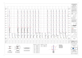 B2
01
UKC254x254x89UKC254x254x89UKC254x254x89UKC254x254x89
BP4
+3.860 m
350x25mmT&B300x20WPlateColumn350x25mmT&B300x20WPlateColumn
ConcreteEncasement
+19.500 m
+12.360 m
UC254x254x89
+3.860 m
UC305x305x198
B2
02
BP4
B2
03
UC305x305x198
+3.860 m
BP4
UC305x305x198
B2
04
+3.860 m
UC254x254x107UC254x254x107UC203x203x86UC203x203x86
BP9
350x45mmT&B260x45WPlateColumn
350x45mmT&B260x45WPlateColumn
350x25mmT&B300x20WPlateColumn
Concrete Encased
ConcreteEncased
+19.500 m
+12.360 m
+7.812 m
UC254x254x107
UKC254x254x107UKC254x254x107UKC203x203x86UKC203x203x86
B2
05
BP13
F-1
+3.860 m
350x25mmT&B300x20WPlateColumn350x25mmT&B300x20WPlateColumn350x25mmT&B300x20WPlateColumn
ConcreteEncasedConcreteEncased
+19.500 m
+12.360 m
+8.275 m
UC254x254x107
B2
06
UKC203x203x86UKC203x203x86UKC254x254x107UKC254x254x107
BP4
E-1
+3.860 m
350x25mmT&B300x20WPlateColumn350x25mmT&B300x20WPlateColumn350x25mmT&B300x20WPlateColumn
ConcreteEncasedConcreteEncased
+19.500 m
+12.360 m
+8.275 m
UC254x254x107
B2
07
UKC203x203x86UKC203x203x86UKC254x254x107UKC254x254x107
BP4
D-1
+3.860 m
350x25mmT&B300x20WPlateColumn350x25mmT&B300x20WPlateColumn350x25mmT&B300x20WPlateColumn
ConcreteEncased
+19.500 m
+12.360 m
ConcreteEncased
+8.275 m
UC254x254x107
B2
08
UKC254x254x107UKC254x254x107UKC203x203x86UKC203x203x86
BP4
+3.860 m
350x25mmT&B300x20WPlateColumn350x25mmT&B300x20WPlateColumn350x25mmT&B300x20WPlateColumn
ConcreteEncased
+8.275 m
UC254x254x107
UKC254x254x89UKC254x254x89UKC254x254x89UKC254x254x107UKC254x254x132UKC305x305x198
B2
09
BP4
+3.860 m
UKC305x305x198
ConcreteEncased
+8.275 m
B2
10
UC305x305x283
+3.860 m
UC305x305x283
UC254x254x132UC254x254x107UC254x254x107UC254x254x107UC254x254x107
BP9
ConcreteEncased
Concrete Encased
+8.275 m
+12.000 m
B2
11
UC305x305x198
+3.860 m
UC305x305x198
UC254x254x107UC254x254x89UC254x254x89UC254x254x89UC254x254x89
BP9
ConcreteEncased
Concrete Encased
+8.275 m
+12.099 m
B2
12
BP1
+3.860 mUC203x203x86UC203x203x86
B2
13
UKC203x203x60
BP1
+2.760 m
UKC203x203x60
ConcreteEncased
+8.425 m
B2
14
UKC356x406x340
UKC305x305x198UKC254x254x132UKC254x254x107UKC254x254x89UKC203x203x86
UC356x406x340
BP9
+2.760 m
UC305x305x198
ConcreteEncased
+7.275 m
B2
15
UKC305x305x198UKC254x254x167UKC254x254x132UKC254x254x107UKC254x254x89UKC203x203x86
BP3
A-21
+3.860 m
UKC305x305x198
ConcreteEncased
+8.275 m
B2
16
UKC254x254x167UKC254x254x132UKC254x254x107UKC254x254x89UKC203x203x86
BP9
+3.860 m
UKC305x305x283
UC305x305x283
Concrete Encased
+8.100 m
B2
17
UC356x406x287
+3.860 m
UC305x305x198UC254x254x167UC254x254x132UC254x254x107UC254x254x107UC254x254x89
BP9
Concrete Encased
+7.810 m
B2
18
UC356x406x287
+3.860 m
UC254x254x167UC254x254x167UC254x254x132UC254x254x107UC254x254x107UC254x254x89
BP9
Concrete Encased
+12.375 m
+3.245 m
UC254x254x132UC254x254x132UC254x254x132UC254x254x167UC254x254x167UC254x254x167
BP9
Concrete Encased
+12.344 m
B2
19 B2
20
UC356x406x287
+3.245 m
UC254x254x89UC254x254x107UC254x254x132UC254x254x167UC254x254x167UC305x305x198
BP9
Concrete Encased
ConcreteEncased
+12.700 m
4 No. holes for M20 dia. locating bolts /anchors minimum .
Column bolts to be designed for the following:
i) Horizontal shear, the largest of national horizontal load equal to 1%
of axial load , or, horizontal component of the lowest storey of bracing.
ii) Tensile forces as noted on the column schedule.
the steelwork contractor must design all column baseplate connections
by such a time enable bolts and templates to be provided to the
concrete contractor to cast into the raft slab, if required, or locally
displaced slab reinforcement to avoid post drilled bolt locations.
The Contractor shall allow for any increase in size of baseplates to suit
the bolt design and arrangement. the sizes shown here are the
minimum required for bearing only.
9. C3 - Denotes column with C3 exposure point applied.
10. All concrete filled CHS` are to be intumescent painted for 120
minute
period Basement to Ground, and 90 minutes Ground to Roof level.
Column size varies. Columns
are to be positioned centrally
on the baseplate.
All columns to be centred
on baseplates unless
eccentricity shown.
4. All concrete filled hollow sections are to include 20mm Ø vent holes
located in diametrically opposite pairs in the ceiling void and floor void of
each level. drain holes are to be provided where division plates are
present. All holes to be temporarily plugged during concreting.
3. 1x50mm Ø grout hole is to be provided per 0.5m² of basplate, located
so as to not influence the bolt design. Where multiple grout holes are
required they are to be placed evenly on the baseplate area.
1. All internal concrete filled CHS columns to be high quality
Architectural finish intumescent painted with no joints or gaps visible
benchmark standard is 6 Bevis Marks, London.
2. The steel fabricator shall, based on experience of similar size projects,
make due allowance for baseplate sizes for all columns.
X - See table below
Y-Seetablebelow
Top of bolt to
extend above
F.F.L. -35mm
25
nominalgrout
U/Side
Baseplate
WELDS TO PLATE GIRDER COLUMN SECTIONS
TO BE:-
8mm F.W. - PLATES LESS THAN 40mm THICK
10mm F.W. - PLATES 40mm TO 60mm THICK
12mm F.W. - PLATES MORE THAN 60mm THICK
D
F
W
B
PG COLUMNS
ALL BASEPLATE DETAILS ARE
SUBJECT TO APPROVAL BY THE ARCHITECT IN
TERMS OF FLOOR FINISHES AND OTHER
ARCHITECTURAL CONSTRAINTS
5. Allowances is to be made for shear keys to baseplates to be provided
for all columns with "V=" noted.
Refer to Stage D report Clause 1.7 See Detail..A Drg.STR/SA/23/0610
6. Allowances is to be made for uplift baseplate detail noted in Stage D
report Clause 1.7.
All columns with "T=" noted. See Detail..B Drg.STR/SA/23/0610
7. Assume all fabricated columns are welded with 4 No. continuous fillet welds.
8. BASEPLATES:
Baseplate Reference X Y Thickness
BP1 270 270 25
BP3 525 525 70
BP4 425 425 40
BP6 625 625 100
BP7 700 700 100
BP8 675 675 60
BP2 380 380 40
BP6A 575 575 60
BP9 700 700 60
BP10 800 800 100
Baseplate Reference X Y Thickness
BP13 425 395 40
BP14 700 622 50
BP15 700 664 60
BP6B 575 575 70
BP5 525 525 50
Depth
FlangeThickness
FlangeThickness
Flange Width
Web Thickness
Flange Width
50mmConcreteEncasement
50 mm Concrete Encasement
WELDS TO PLATE GIRDER COLUMN SECTIONS
TO BE:-
8mm F.W. - PLATES LESS THAN 40mm THICK
10mm F.W. - PLATES 40mm TO 60mm THICK
12mm F.W. - PLATES MORE THAN 60mm THICK
PG-C COLUMNS
For details of the column
between the floor level and the
splice above please refer to
drawing STR-SA-23-0610 which
shows a divisional plate at floor
level and the column reducing in
size between the divisional plate
and the splice to match the size
of the column above the splice.
aterman
Scales @ A0
Drawn By
Designed By Checked By
Date
Project No
Drawing Status
Client
Title
Project
Amendments
DescriptionRev Date By
GENERAL NOTES
Works Order No
Pickfords Wharf Clink Street London SE1 9DG
United Kingdom
t +44 20 7928 7888 f +44 3333 444 501
mail@watermangroup.com www.watermangroup.com
This drawing should not be scaled. Dimensions to be verified on site.
Any discrepancies should be referred to the Engineer prior to work being put in hand.
This drawing is the property of Waterman Structures Limited and the drawing is issued
on the condition that it is not copied, reproduced, retained or disclosed to any
unauthorised person, either wholly or in part without the consent in writing of
Waterman Structures Limited
Pickfords Wharf Clink Street London SE1 9DG United Kingdom
t +44 20 7928 7888 f +44 3333 444 501
Publisher Zone Category Number Revision
As indicated
33 KING WILLIAM STREET
Designer Checker
SKD
H.B.REAVIS UK Ltd
STANCHION SCHEDULES
SHEET 1
CONSTRUCTION
STR10614
Central:-Nt-lncswslProjectsSTR10614CAD3DWSLModelsWSL-10614-SA-33KWS-Central.rvt
0600SA 23 E03STR
KEY PLAN
1 : 100
WSL COLUMN REFERENCE
COLUMN GRID LOCATION
SEVENTH FLOOR S.S.L.
+38.350m
EIGHTH FLOOR S.S.L.
+42.000m
NINTH FLOOR S.S.L.
+45.650m
UPPER ROOF LEVEL S.S.L.
+51.200m
ROOF LEVEL S.S.L.
+49.600m
SIXTH FLOOR S.S.L.
+34.700m
COLUMNTYPE
COLUMNTYPE
FIFTH FLOOR S.S.L.
+31.050m
FOURTH FLOOR S.S.L.
+27.400m
THIRD FLOOR S.S.L.
+23.750m
SECOND FLOOR S.S.L.
+20.100m
FIRST FLOOR S.S.L.
+16.350m
GROUND FLOOR S.S.L.
+12.700m
LOWER GROUND S.S.L.
+8.425m
Ex. BASEMENT S.S.L.
+3.835m
Ex. BASEMENT S.S.L.
+2.785m
SEVENTH FLOOR S.S.L.
+38.350m
EIGHTH FLOOR S.S.L.
+42.000m
NINTH FLOOR S.S.L.
+45.650m
UPPER ROOF LEVEL S.S.L.
+51.200m
ROOF LEVEL S.S.L.
+49.600m
SIXTH FLOOR S.S.L.
+34.700m
FIFTH FLOOR S.S.L.
+31.050m
FOURTH FLOOR S.S.L.
+27.400m
THIRD FLOOR S.S.L.
+23.750m
SECOND FLOOR S.S.L.
+20.100m
FIRST FLOOR S.S.L.
+16.350m
GROUND FLOOR S.S.L.
+12.700m
LOWER GROUND S.S.L.
+8.425m
Ex. BASEMENT S.S.L.
+3.835m
Ex. BASEMENT S.S.L.
+2.785m
WSL COLUMN REFERENCE
COLUMN GRID LOCATION
UNDERSIDE OF
BASEPLATE LEVEL.
BASEPLATE TYPE
UNDERSIDE OF
BASEPLATE LEVEL.
BASEPLATE TYPE
C01 ISSUED FOR T1 STEELWORK TENDER10.09.14 SKD
A=2750kN
A=2900kN
A=4050kN
A=4850kN
A=4000kNA=3200kNA=2700kNA=2050kNA=1250kN
A=3900kNA=3250kNA=2650kNA=2000kNA=1200kN
SPLICE
SPLICE
SPLICE
SPLICE
SPLICE
A=2350kNA=2050kNA=1600kNA=1200kNA=750kN
A=3000kNA=2850kNA=2200kNA=1750kNA=1100kN
V=800kN
A=2900kN
V=800kN
A=4800kN
V=600kN
A=3900kNA=3000kNA=2700kNA=2200kNA=1750kNA=1100kN
A=4000kN
A=3000kN
A=2700kNA=2200kNA=1750kNA=1100kN
A=4200kNA=3000kNA=2700kNA=2200kNA=1750kNA=1100kN
A=3900kNA=3050kNA=2450kNA=1950kNA=1500kNA=950kN
A=3500kN
V=1000kN
A=3500kN
V=300kN
A=1300kN
A=900kN
A=5800kN
A=5000kN
V=1200kN
A=6000kN
V=1200kN
A=6000kN
V=100kN
A=5000kN
V=1100kN
A=5000kN
V=1500kN
A=3900kNA=3200kNA=2600kNA=1950kNA=1200kN
V= SHEAR LOAD
A= AXIAL LOAD (COMPRESSION)
AT SPLICE LOCATION
T= AXIAL LOAD (TENSION)
ON CONNECTION
#= REFER TO TYPICAL DETAIL FOR SPLICE DETAIL
BETWEEN CHS CHANGE IN SERIAL SIZE ON DRG. STR-SA-23-0610
1/J 1/H-J 1/H-G 1/G 1/C 1/27 1/2-26 1/2-25 1/2-24 1/2-23 A/22 A/20 A/19 A/18 A/17 A/16
V=1500kN
A=4600kNA=4250kNA=3600kNA=3000kNA=2400kNA=1650kN
A=4550kNA=3900kNA=3300kNA=2650kNA=1850kN
A=4600kNA=3300kNA=2700kNA=2050kNA=1250kN
A=4600kNA=4000kNA=3350kNA=2750kNA=2150kNA=1300kN
A=4100kN
A=3000kNA=2700kNA=2250kNA=1750kNA=1150kN
A=2650kNA=2200kN
A=1800kNA=1400kN
A=900kN
A=2150kNA=1800kNA=1550kNA=1050kNA=750kN
C02 ISSUED FOR T2 STEELWORK TENDER01.12.14 SKD
*= REFER TO SPLICE DETAIL WHERE PLATE GIRDER/UC IS
LOCATED ABOVE CONCRETE FILLED CHS ON DWG;
STR_SA_23_0610.
**= REFER TO SPLICE DETAIL WHERE CONCRETE FILLED CHS IS
LOCATED ABOVE PLATE GIRDER/UC ON DRAWING;
STR_SA_23_0610.
A=4500kN
A=2800kN
A=3100kN
FOR DETAILS OF CONCRETE ENCASED COLUMNS,
REFER TO STR-SA-16-002 & STR-SA-21-0400
E01
STEEL CONSTRUCTION ISSUE UP TO GROUND
FLOOR ONLY
19.12.14 SKD
E02
STEEL CONSTRUCTION ISSUE UP TO GROUND
FLOOR ONLY
16.01.15 SKD
= REFER TO TYPICAL SPLICE DETAIL AT CHANGE IN H SECTION
COLUMN WITHIN FLOOR DEPTH IE NOT AT SPLINE, ON DRAWING
STR-SA-23-0610
+
E03
STEEL CONSTRUCTION ISSUE UP TO GROUND
FLOOR ONLY
24.01.15 SKD
 
