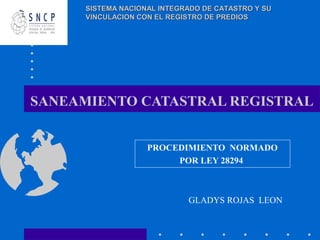 SANEAMIENTO CATASTRAL REGISTRAL
PROCEDIMIENTO NORMADO
POR LEY 28294
SISTEMA NACIONAL INTEGRADO DE CATASTRO Y SUSISTEMA NACIONAL INTEGRADO DE CATASTRO Y SU
VINCULACION CON EL REGISTRO DE PREDIOSVINCULACION CON EL REGISTRO DE PREDIOS
GLADYS ROJAS LEON
 