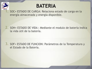 BATERIA
1. SOC= ESTADO DE CARGA: Relaciona estado de carga en la
energía almacenada y energía disponible.
2. SOH= ESTADO DE VIDA : Mediante el modulo de batería indica
la vida útil de la batería.
3. SOF= ESTADO DE FUNCION: Parámetros de la Temperatura y
el Estado de la Batería.
 