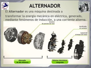 ALTERNADOR
El Alternador es una máquina destinada a
transformar la energía mecánica en eléctrica, generado,
mediante fenómenos de inducción, a una corriente alterna.
 