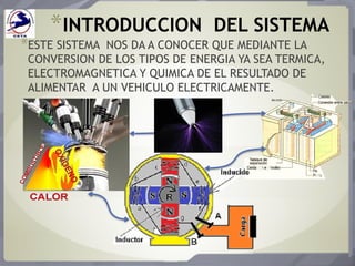 *INTRODUCCION DEL SISTEMA
*ESTE SISTEMA NOS DA A CONOCER QUE MEDIANTE LA
CONVERSION DE LOS TIPOS DE ENERGIA YA SEA TERMICA,
ELECTROMAGNETICA Y QUIMICA DE EL RESULTADO DE
ALIMENTAR A UN VEHICULO ELECTRICAMENTE.
 