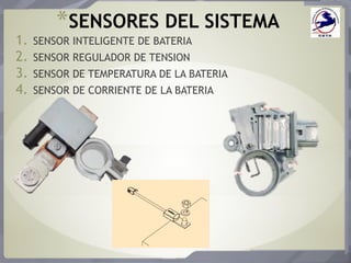 *SENSORES DEL SISTEMA
1. SENSOR INTELIGENTE DE BATERIA
2. SENSOR REGULADOR DE TENSION
3. SENSOR DE TEMPERATURA DE LA BATERIA
4. SENSOR DE CORRIENTE DE LA BATERIA
 