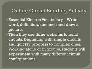 Essential Electric Vocabulary – Write
word, definition, sentence and draw a
picture.
Then they use three websites to build
circuits, beginning with simple circuits
and quickly progress to complex ones.
Working alone or in groups, students will
experiment with many different circuit
configurations.
 