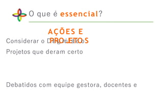 O que é essencial?
AÇÕES E
Considerar o D
P
i
a
R
g
O
n
ó
J
E
s
t
T
i
c
O
oS
Projetos que deram certo
Debatidos com equipe gestora, docentes e
 